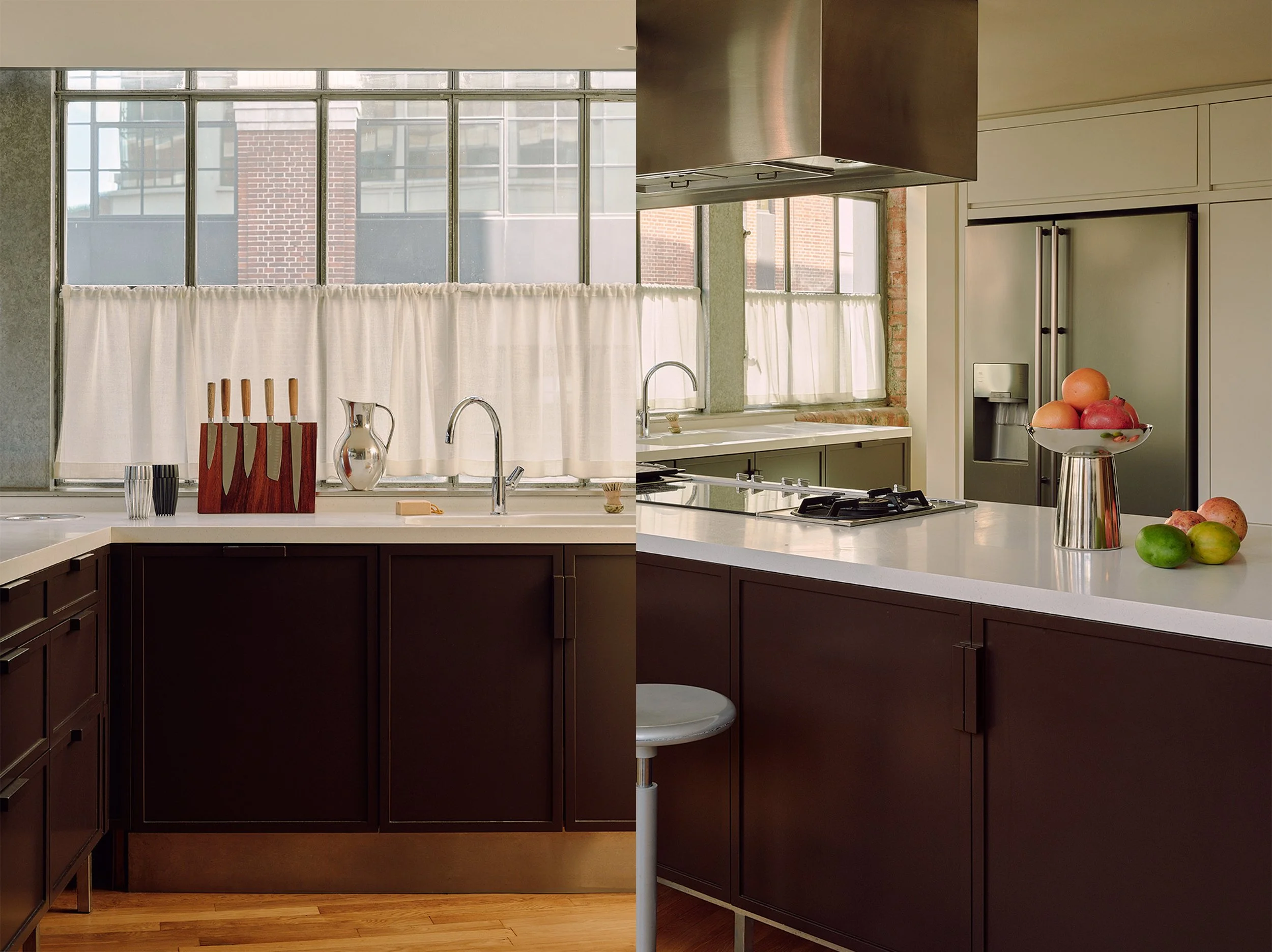 Chocolate brown kitchen with linen cafe curtains and retro aesthetic in Farringdon loft apartment, London interior design by Duelle