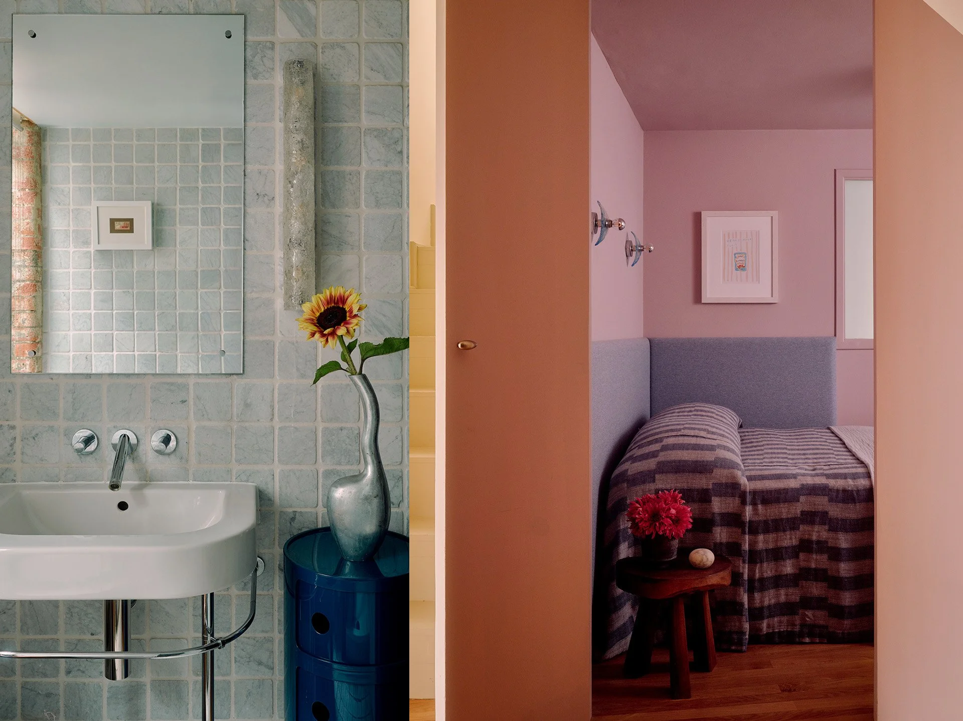 Guest bathroom with pale blue scheme, marble tiles and vintage wall light in Farringdon loft conversion, London interior design by Duelle