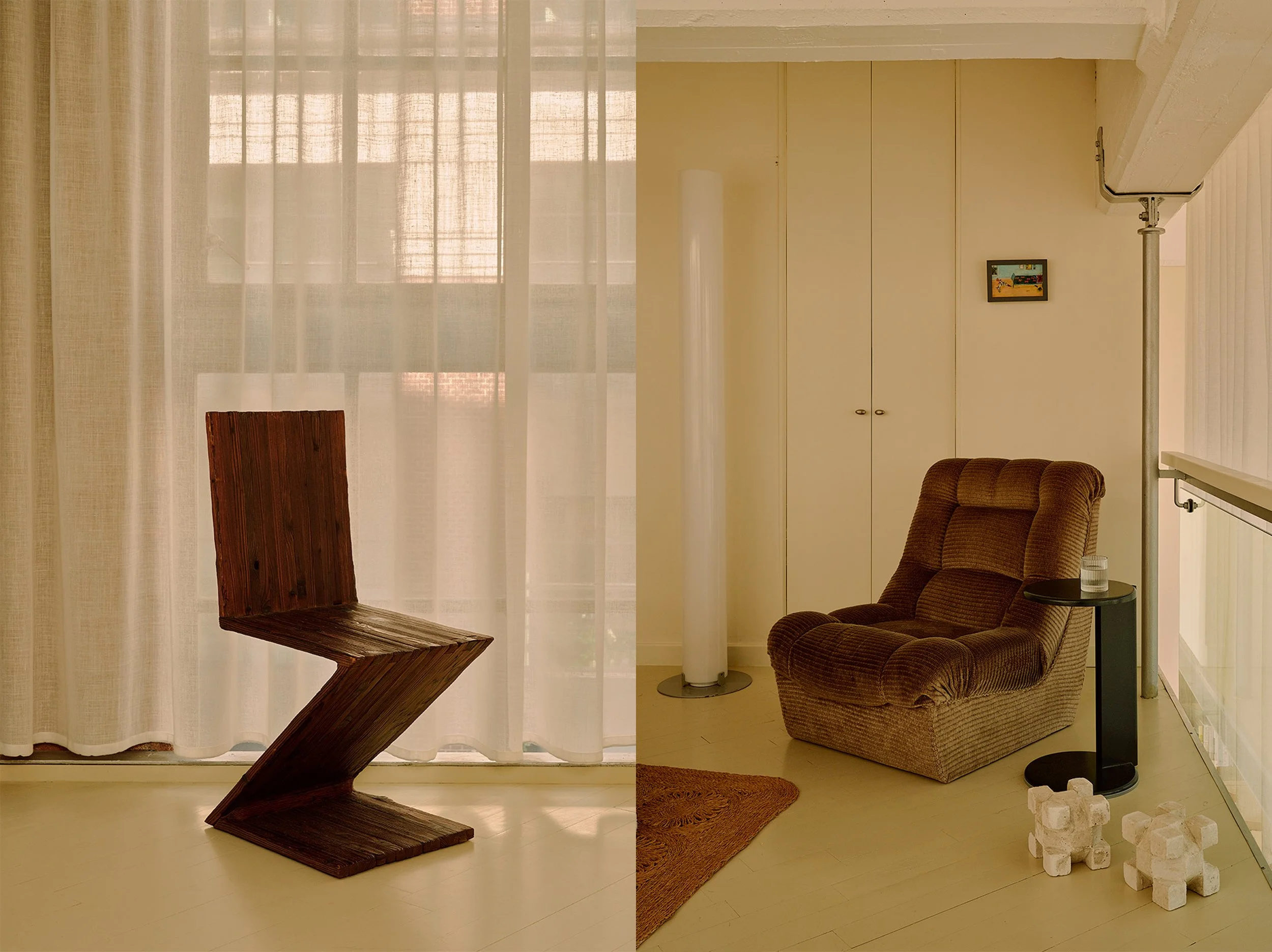 Calm master bedroom with off-white palette, linen wave curtains and beige linen bed in Farringdon loft, London interior design by Duelle