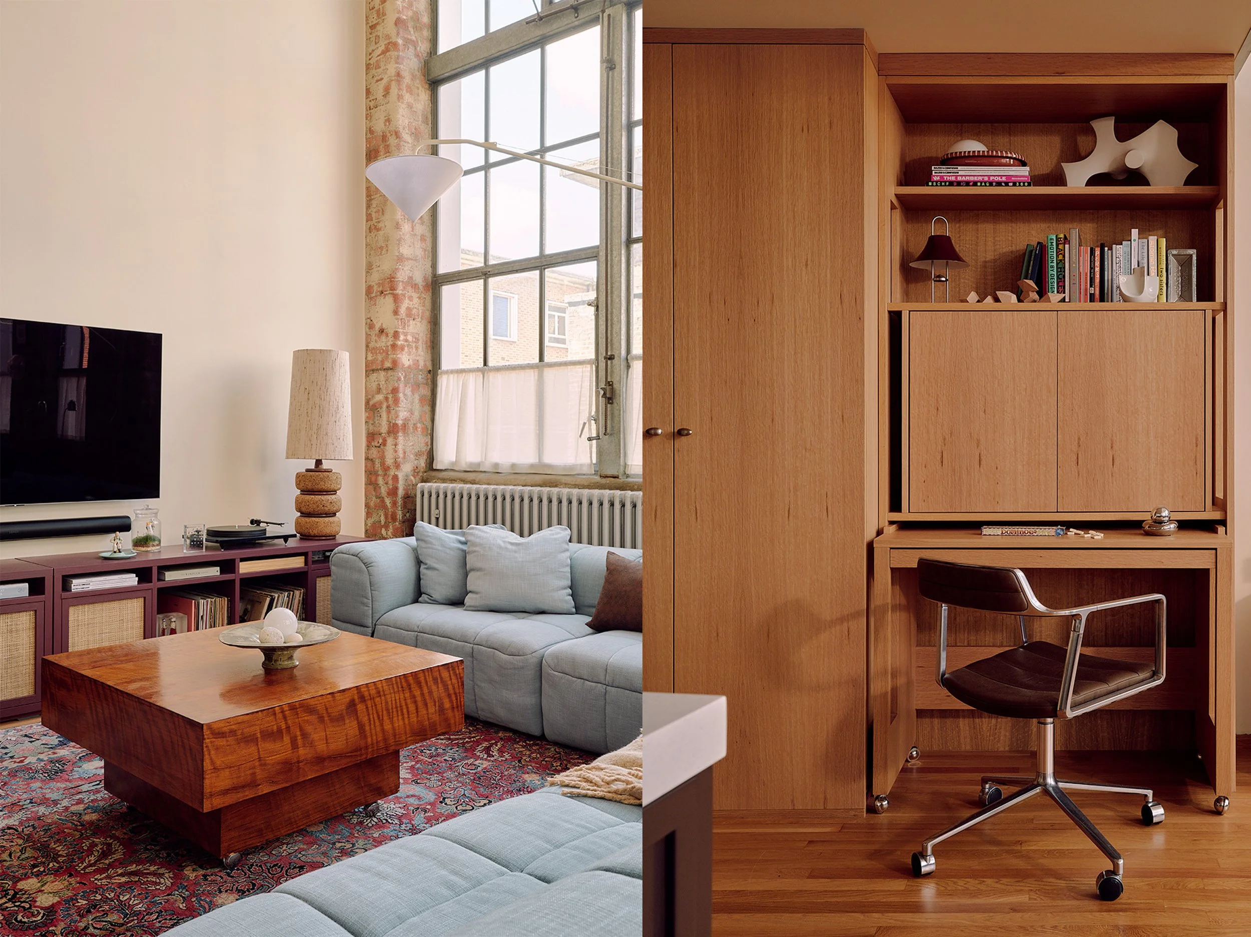 Open-plan living room and study with timber panelling and smart storage in Farringdon loft conversion, London interior design by Duelle"