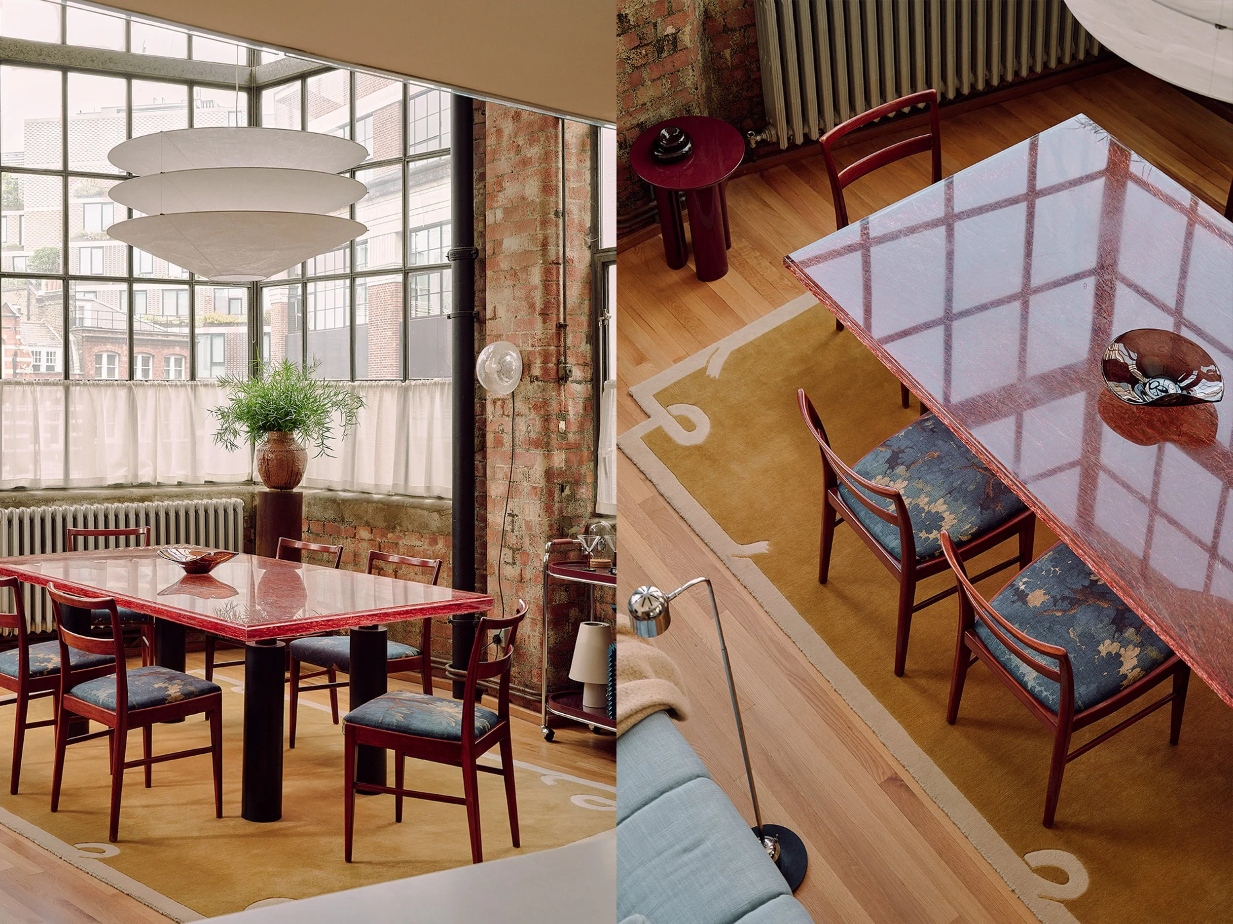 Retro dining room with exposed brick, Ingo Maurer pendant and vintage glass wall lights in Farringdon loft, London interior design by Duelle
