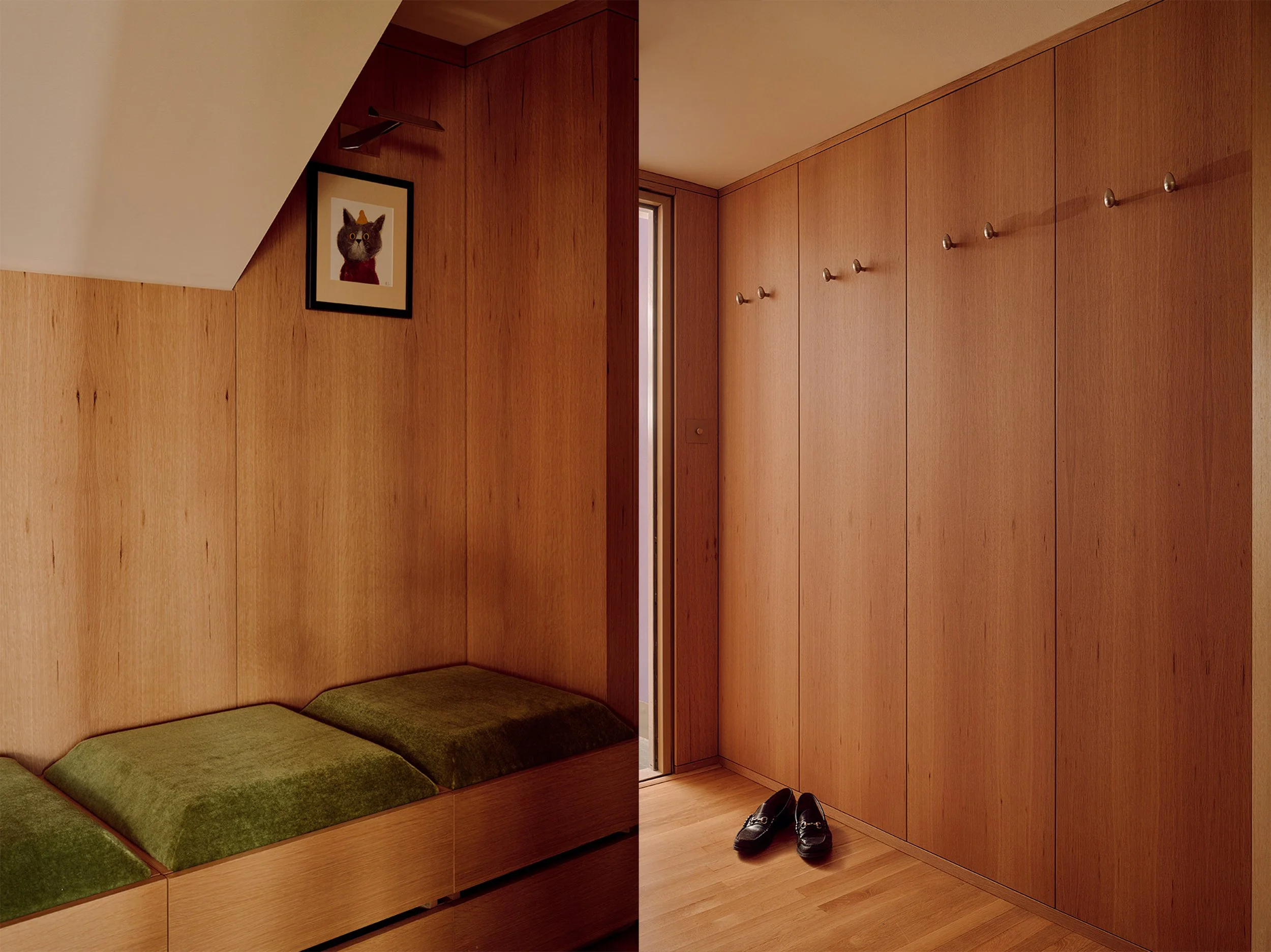Entry hall with green mohair benches and timber wall panelling in Farringdon loft, retro London interior design by Duelle Studio