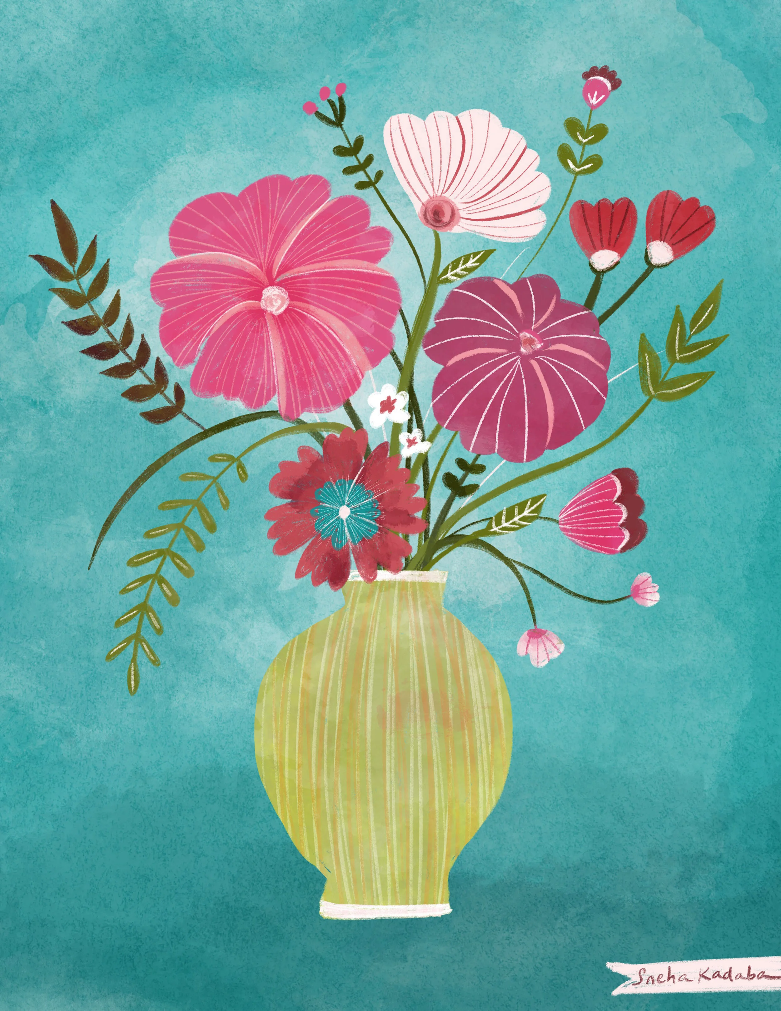 Digital illustration of a bouquet of pink, red, and white flowers with green leaves in a yellow vase on a teal background.