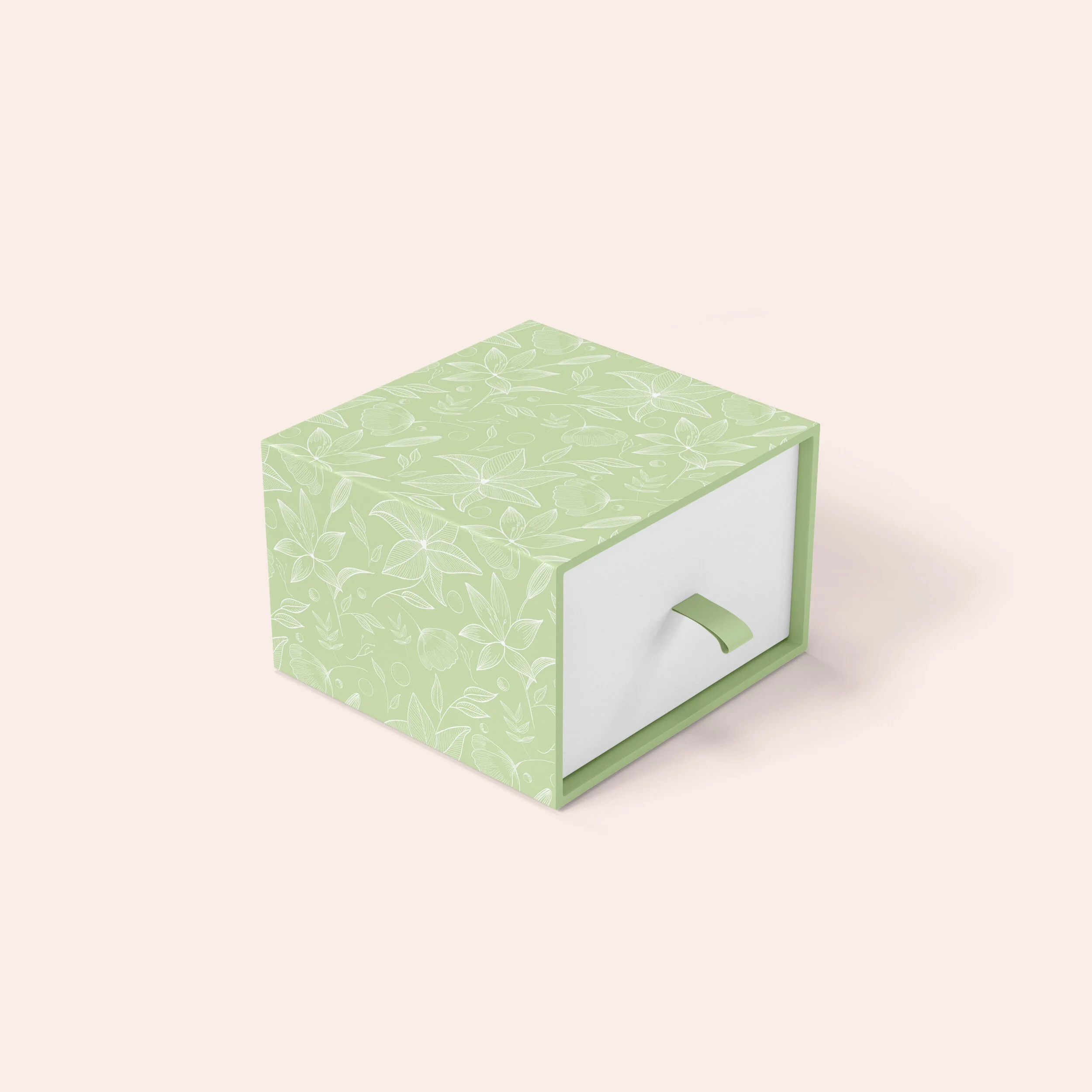 A light green box with a white front drawer and a matching handle, featuring a nature-inspired pattern of leaves and butterflies on the surface.