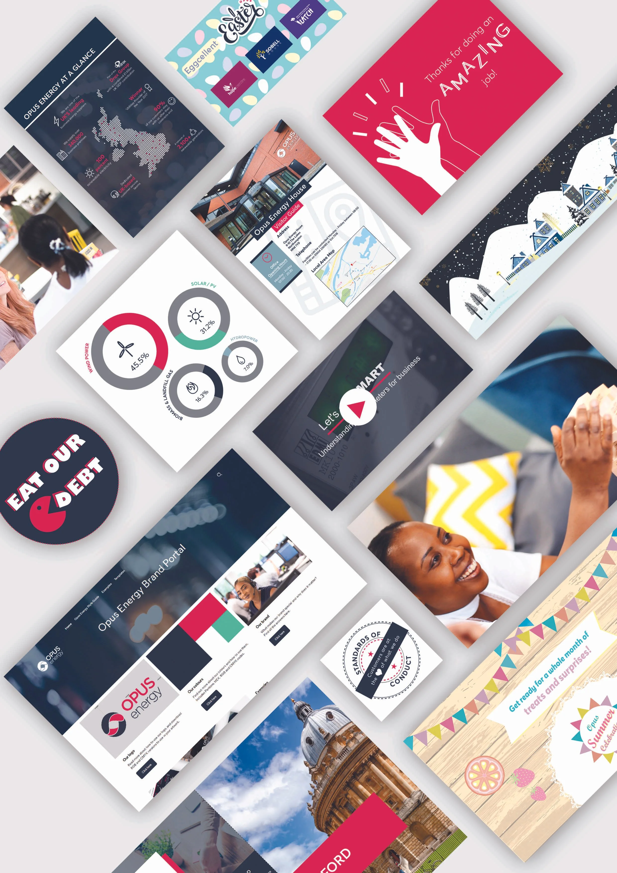 Collection of various flyers, posters, and informational graphics related to energy, holidays, and community events.