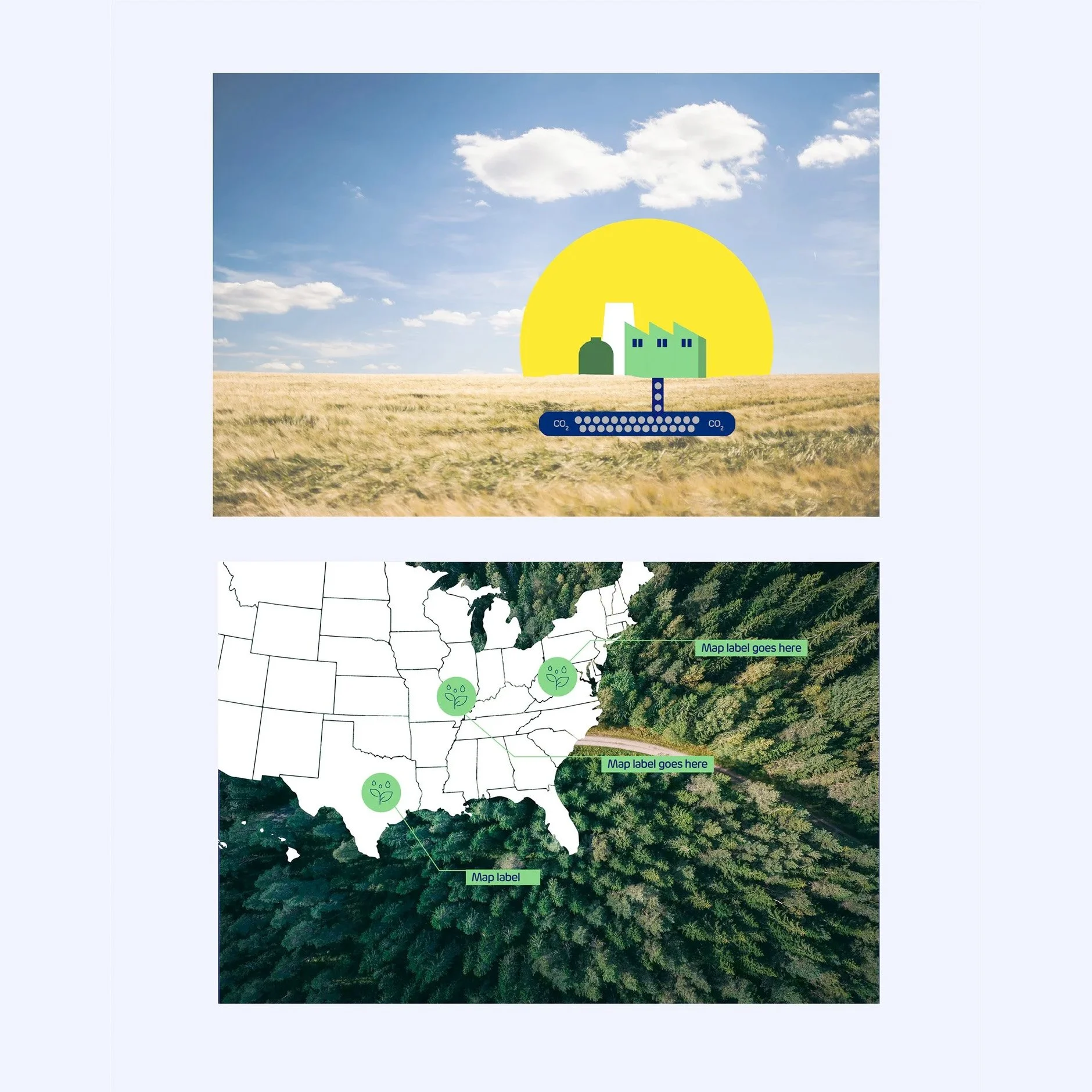 Top image shows an illustration of a factory releasing CO2 into the atmosphere, with a yellow sun, blue sky, and a grassy field in the background. Bottom image is a map of the United States with three green marker icons indicating different locations, with labels for additional information.
