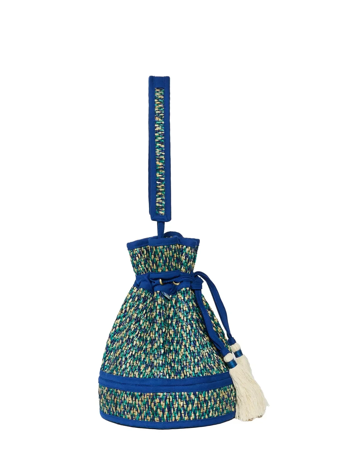 Side profile of the Lorna Murray Skyline Mini Leisure Tote showcasing its detachable woven handle and handcrafted woven design.