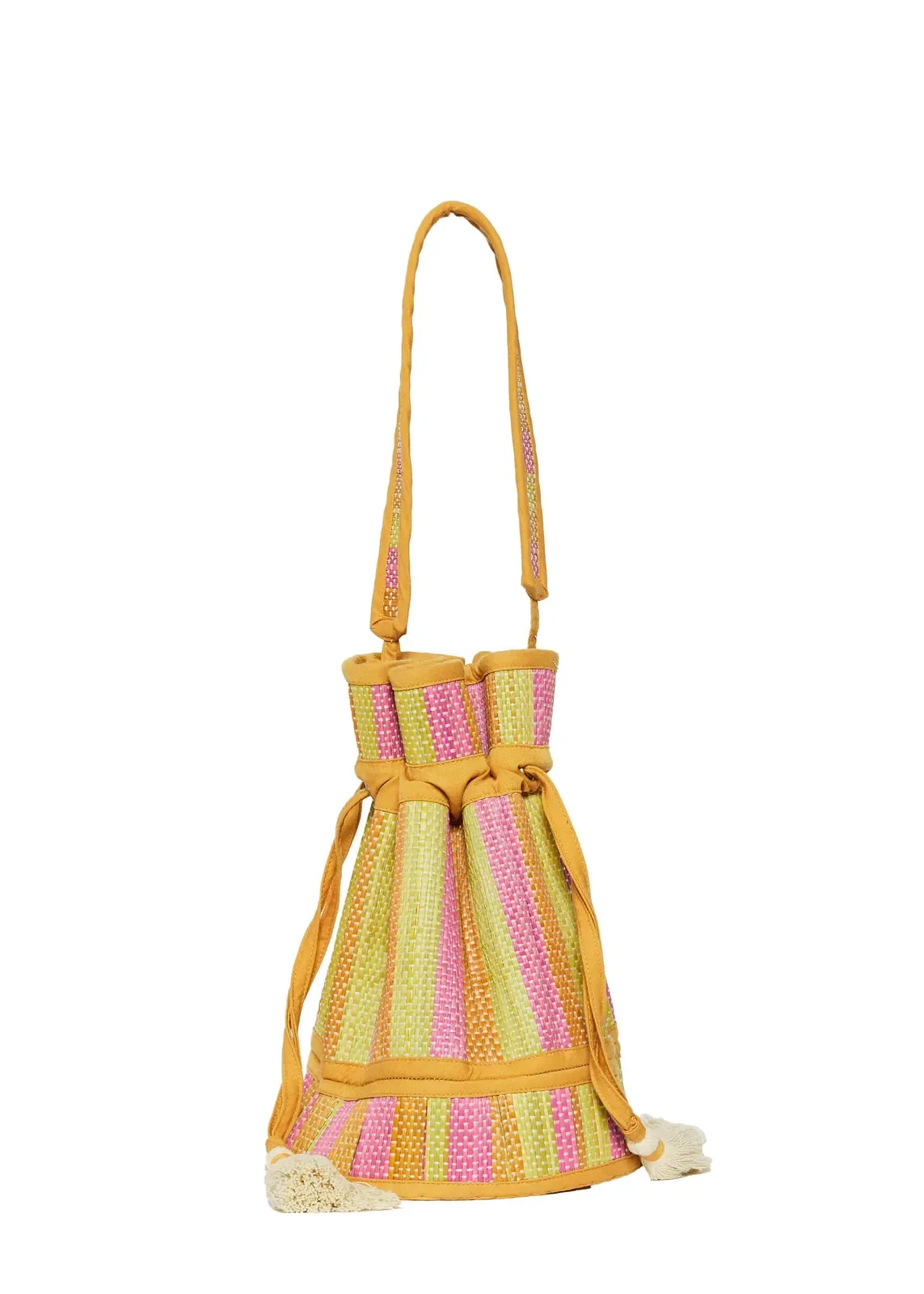 Side profile of the Lorna Murray Bird of Paradise Mini Leisure Tote highlighting its handcrafted woven silhouette.