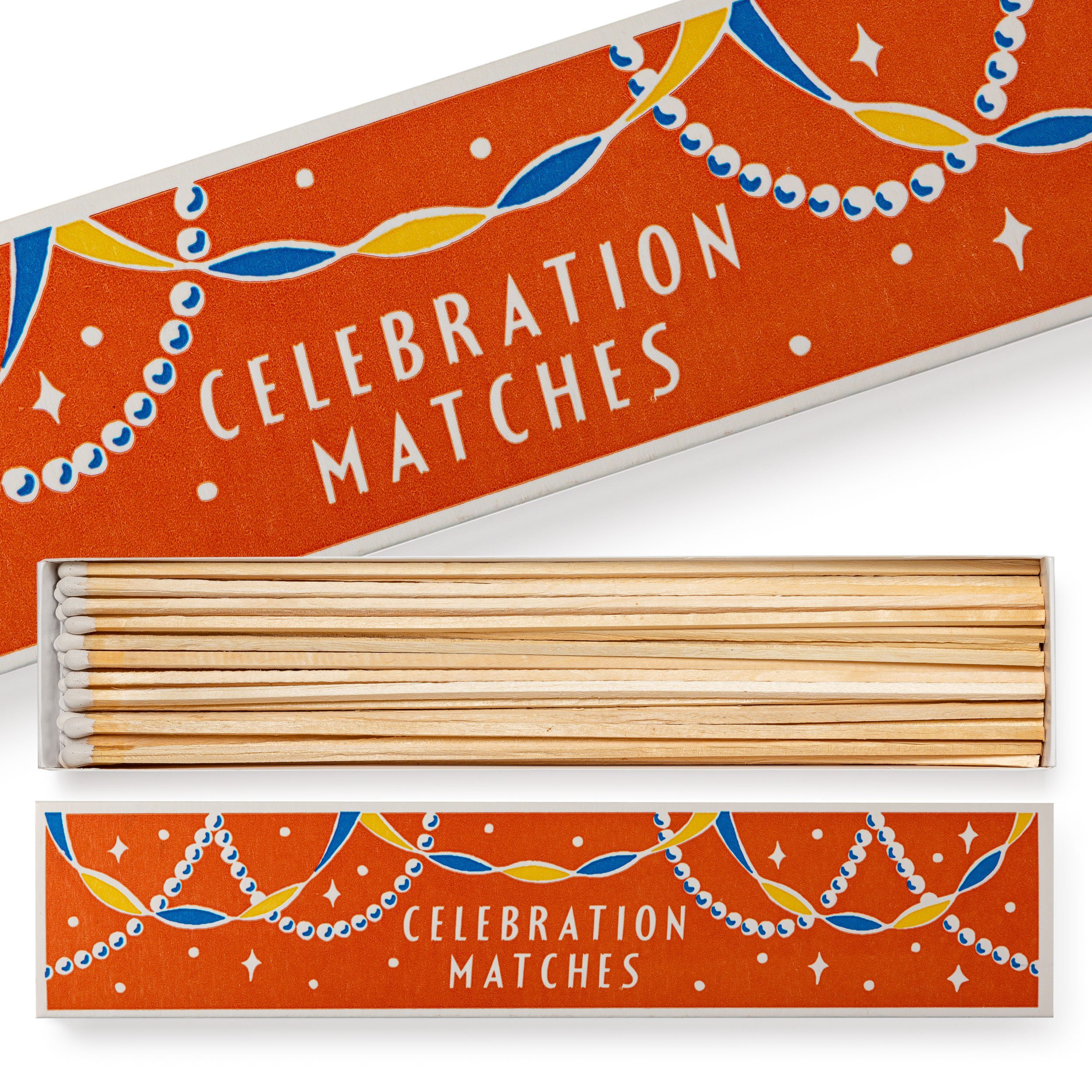 Celebration Matches by Ariana Martin, long matches for easy reach to the bottom of candle jars, available at Goosebump.live.