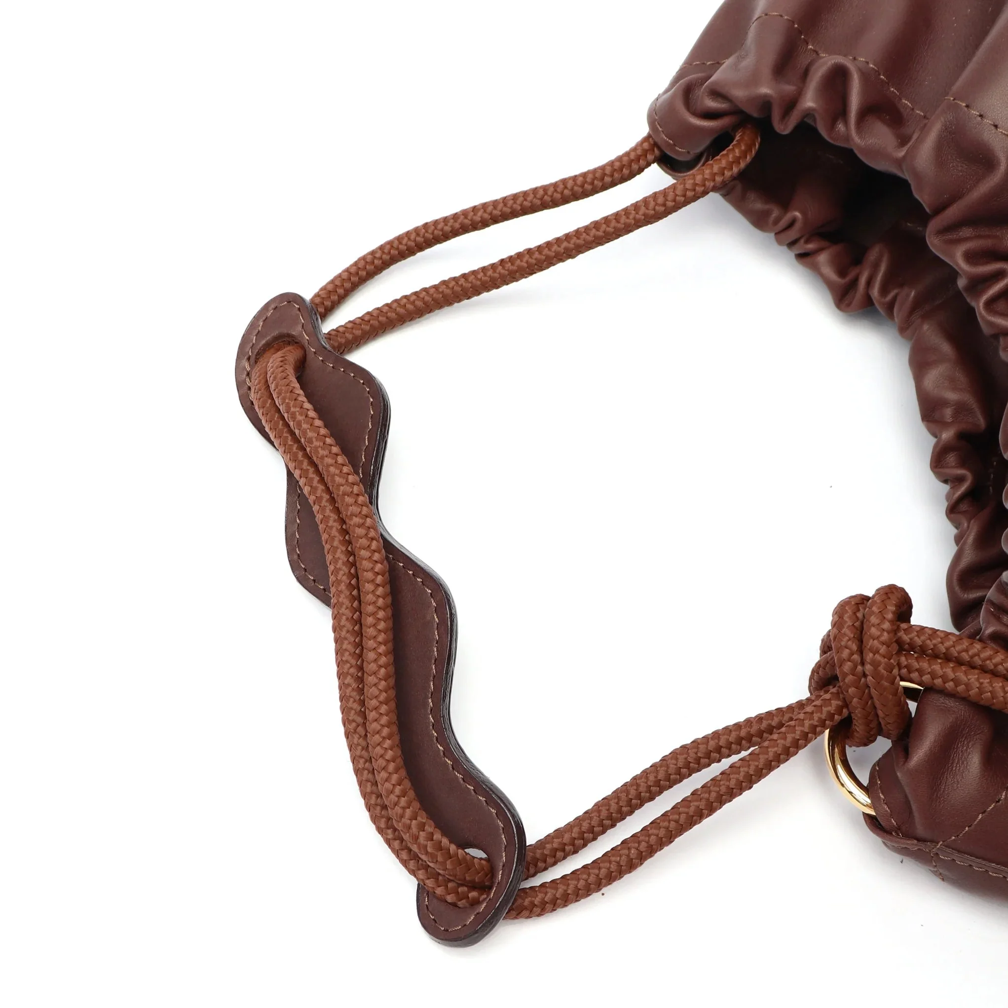 hocolate brown leather Flora Bag by Project Dyad with tulip-style opening and handcrafted details.