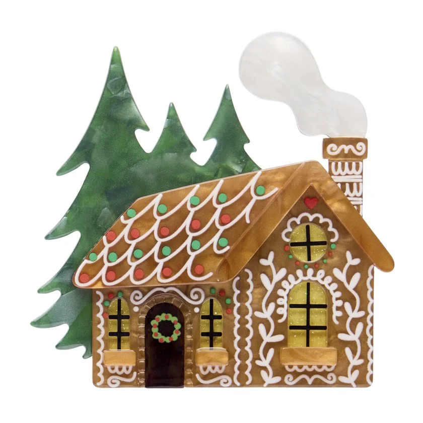 Erstwilder The Sweetest Cabin Christmas brooch shaped like a gingerbread cottage with snowy pines. Limited edition, exclusive in Hong Kong at Goosebump.