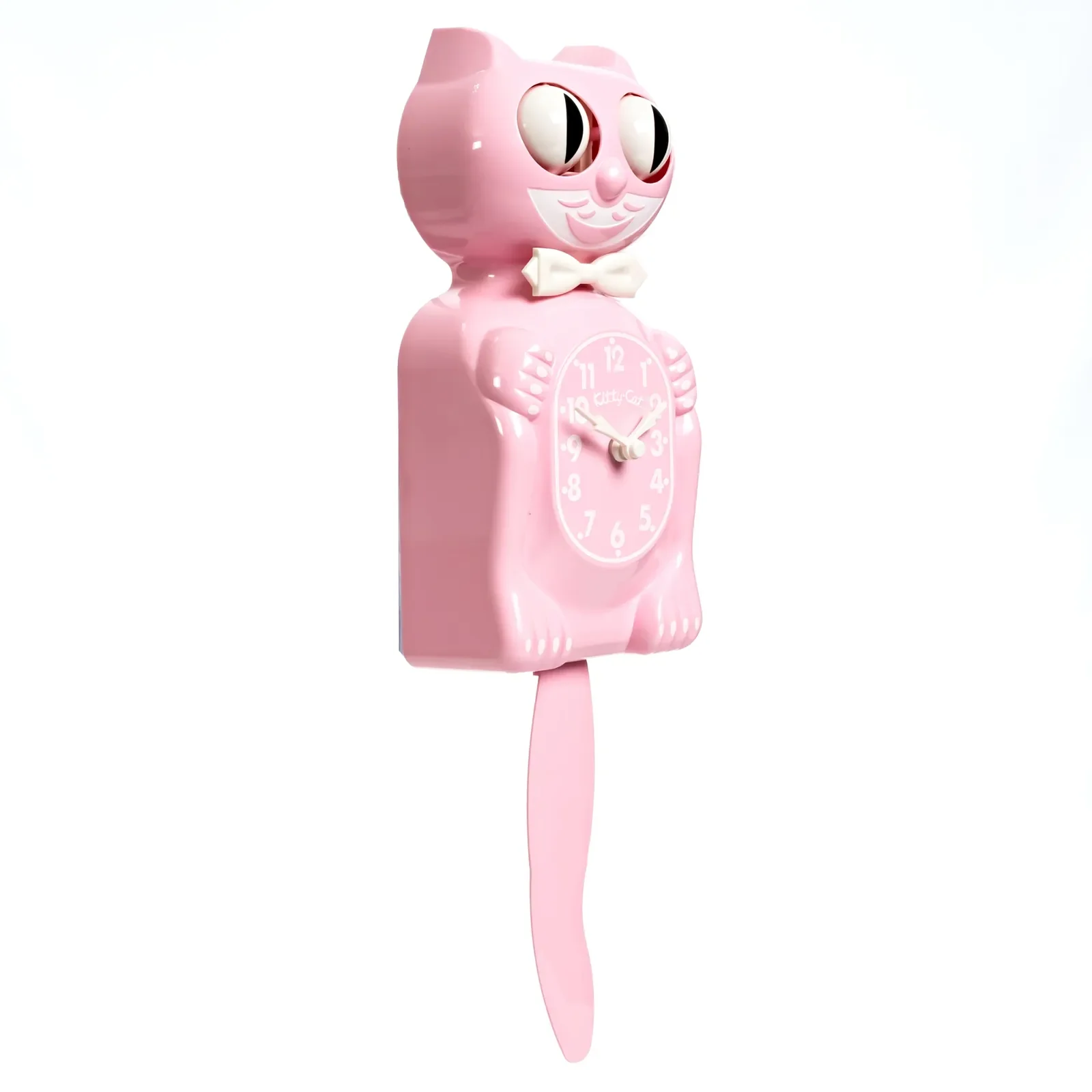 Bubblegum Pink Kitty-Cat Klock 12.75-inch pink wall clock with white bow tie, moving eyes and wagging tail