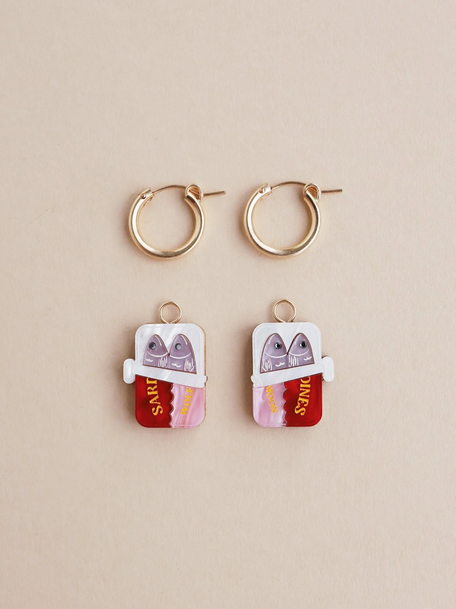 Wolf & Moon Sardine Hoops with sardine tin-inspired acrylic charms, crystal details and gold-filled hoop earrings.