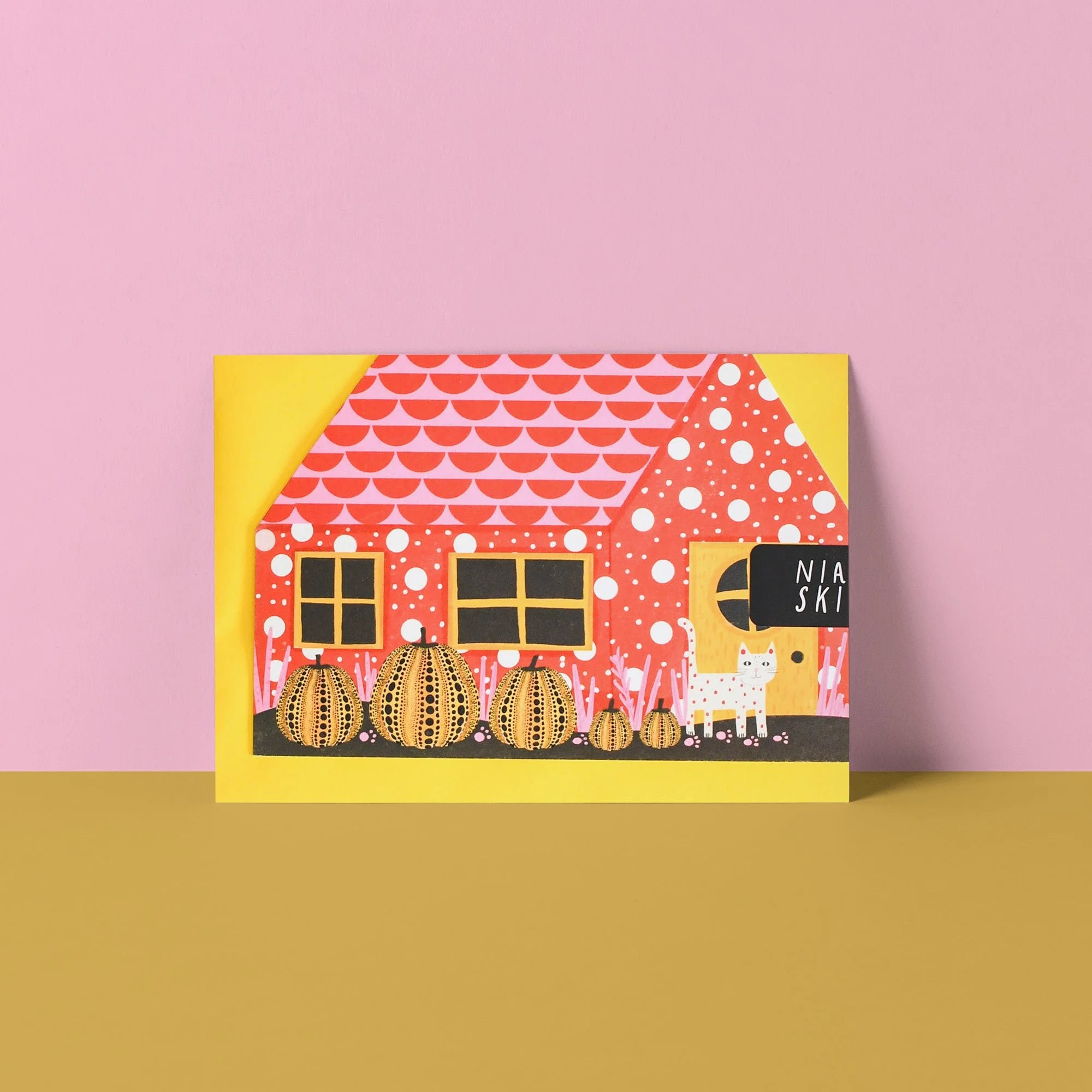 Yayoi Catsama cat house card by NIASKI, colourful art-inspired cat greeting card and small gift for cat lovers at Goosebump Hong Kong