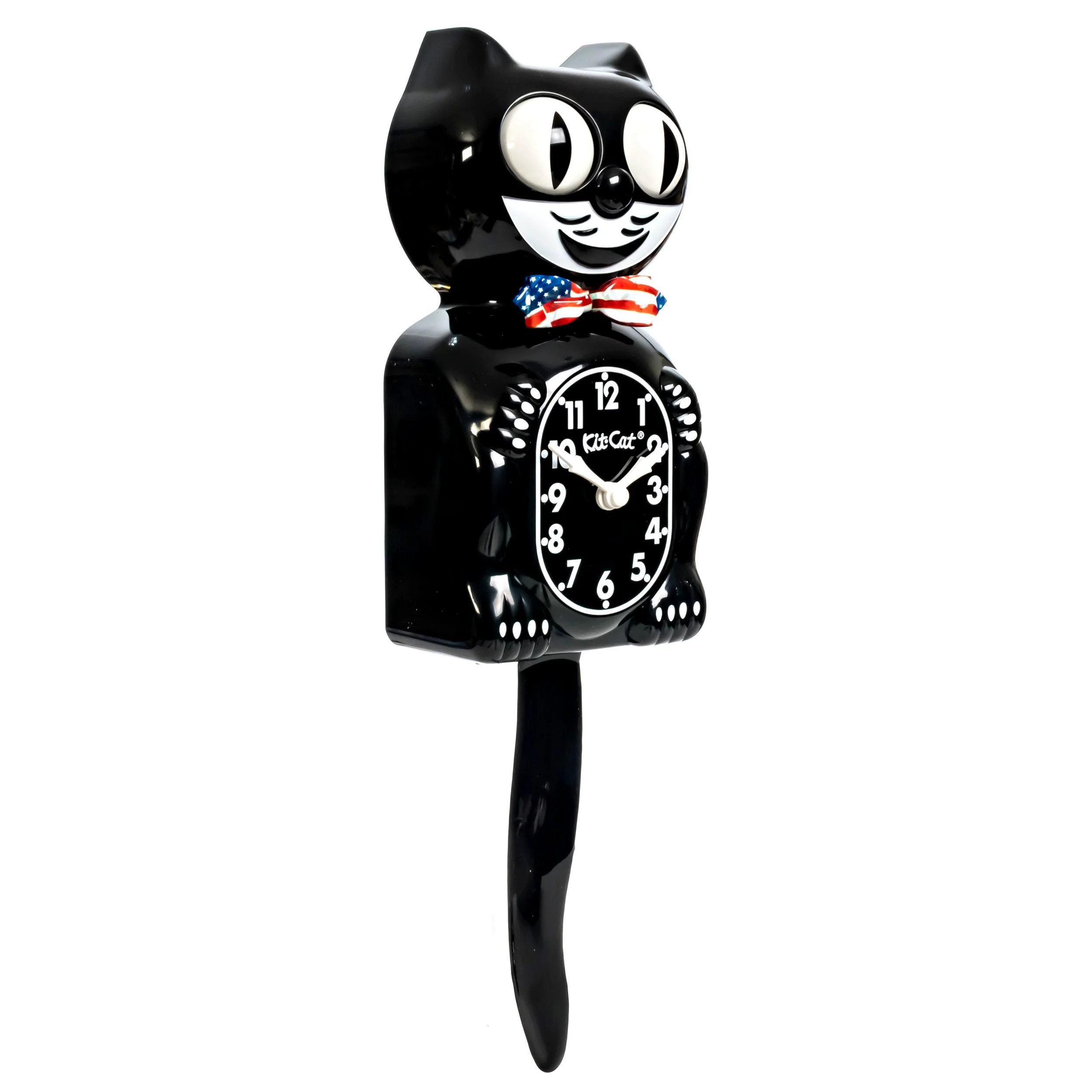Kit-Cat Klock Stars & Stripes Limited Edition black wall clock with American flag patterned bow tie, rolling eyes and wagging tail