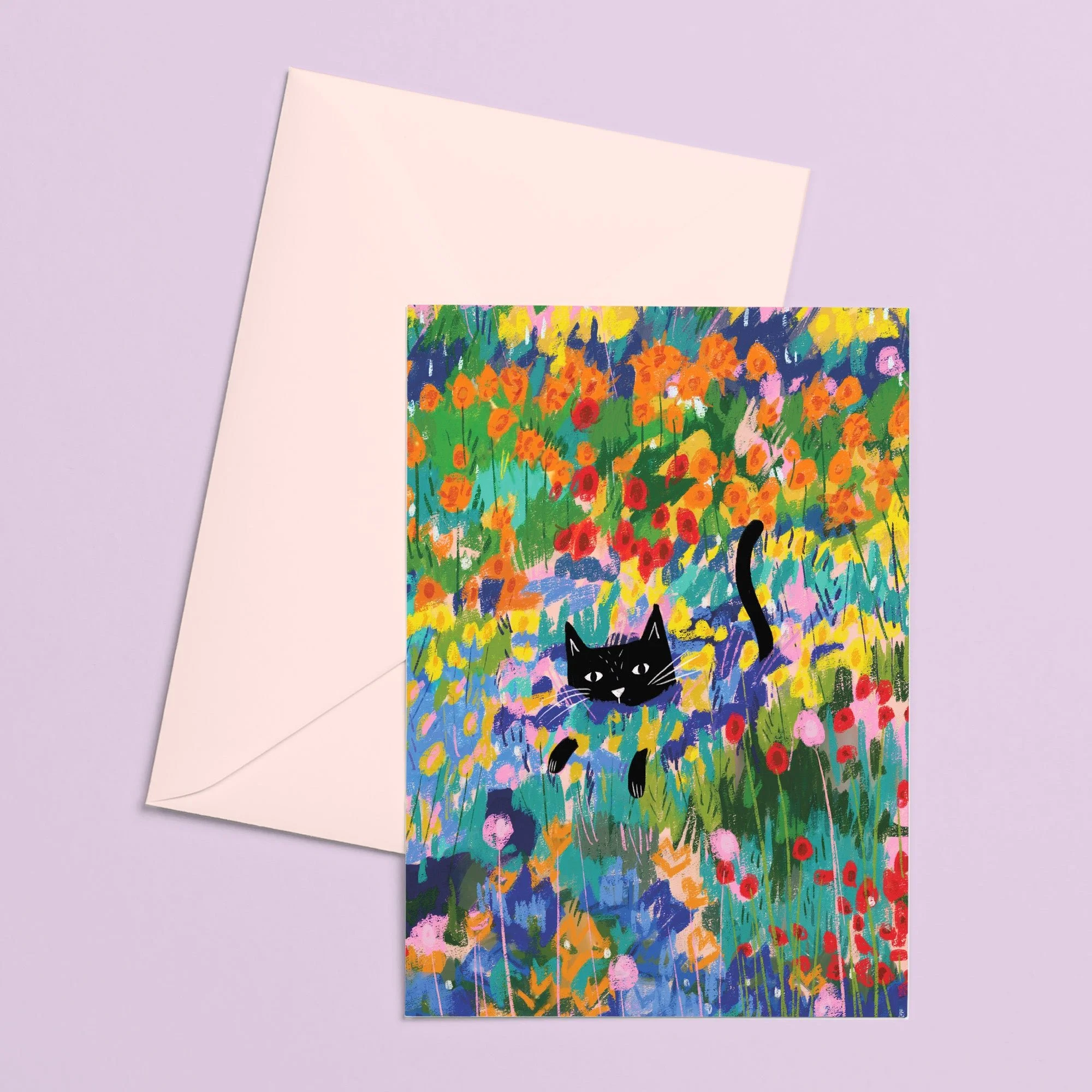 Cat in the Garden at Arles Card by NIASKI, colourful Van Gogh inspired cat greeting card and small gift for cat lovers at Goosebump Hong Kong