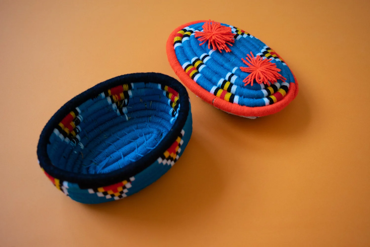 Pom Pom Basket Oval Coral and Cobalt Blue