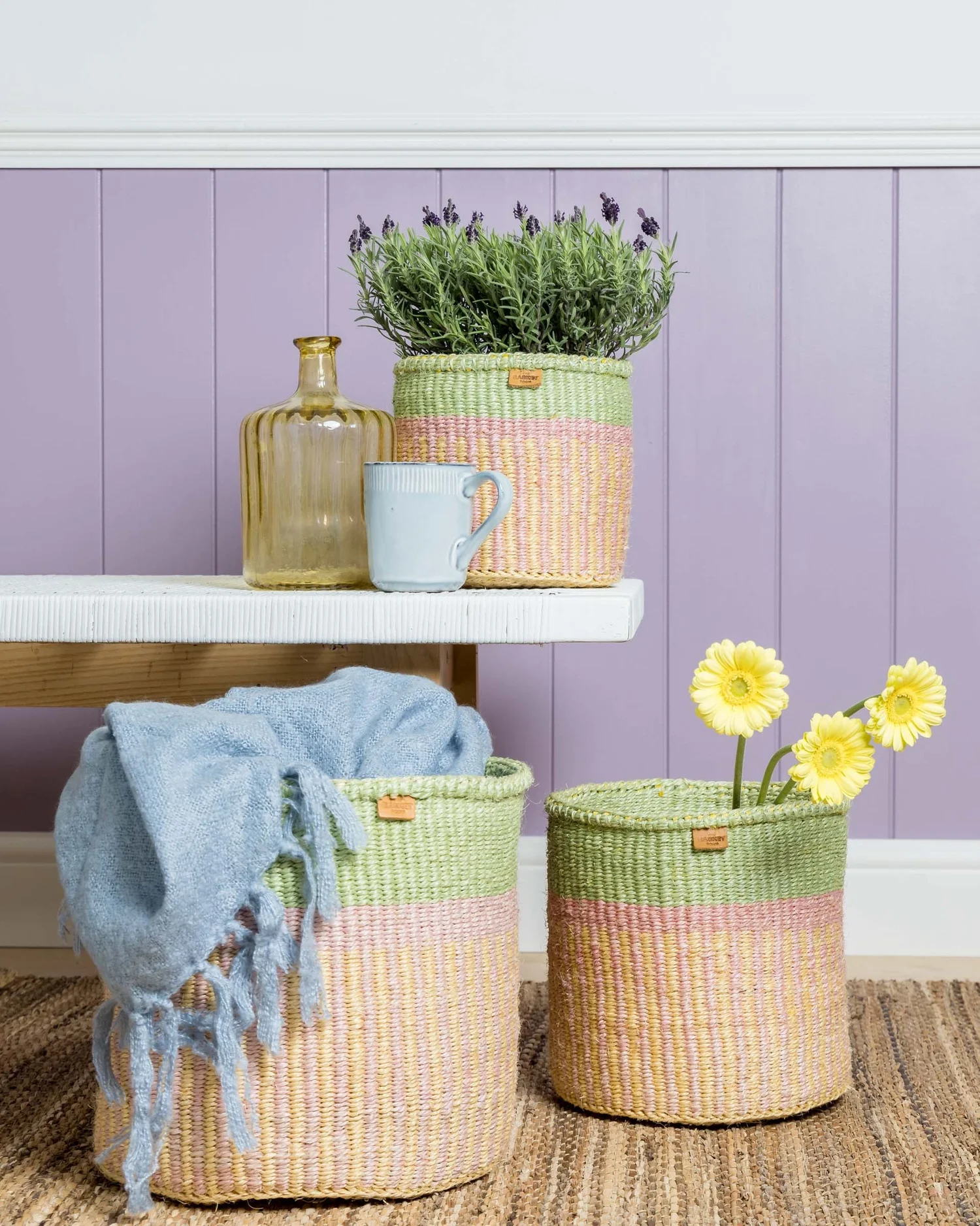 Hoja Pink Yellow and Green Stripe Woven Storage Basket