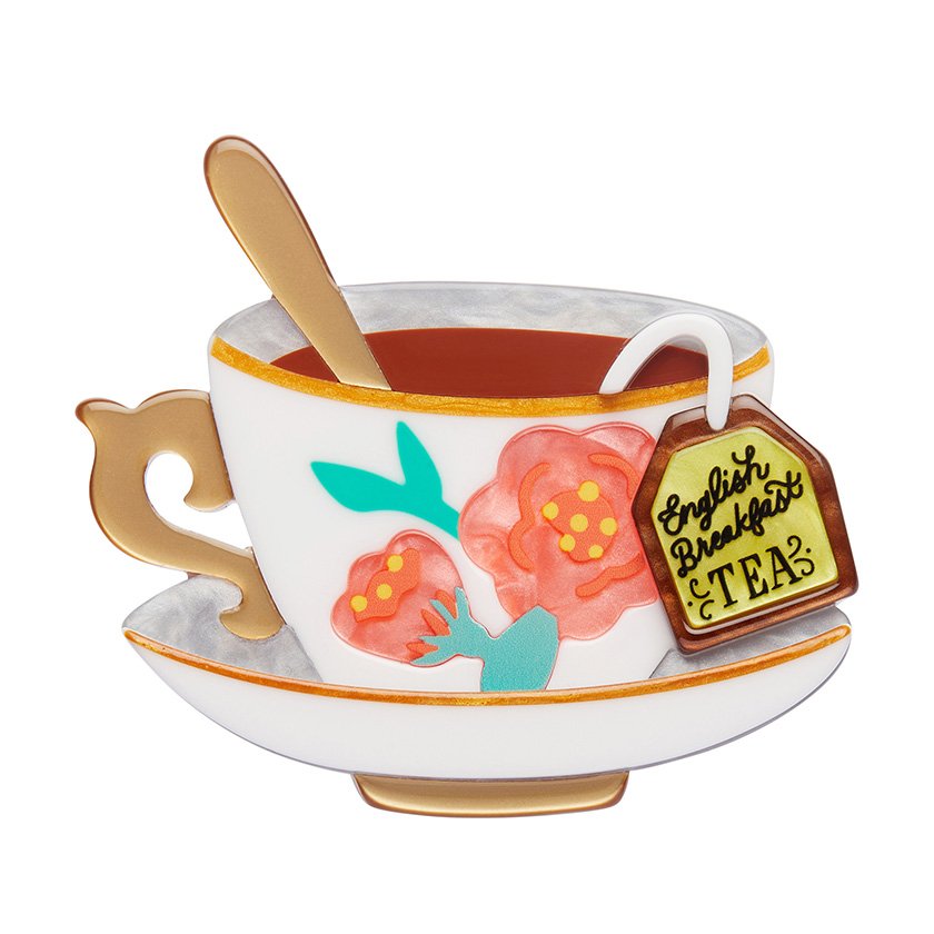 Fancy a Cuppa Brooch featuring a floral-adorned teacup with a tea tag, hand-assembled with white and gold resin, from Erstwilder’s London Calling collection. Perfect for tea enthusiasts in Hong Kong.