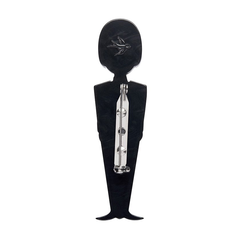 Handcrafted Changing of the Guard Brooch featuring rich red and black resins with etched detailing – a perfect accessory for Anglophiles and collectors of British-themed wearable art.