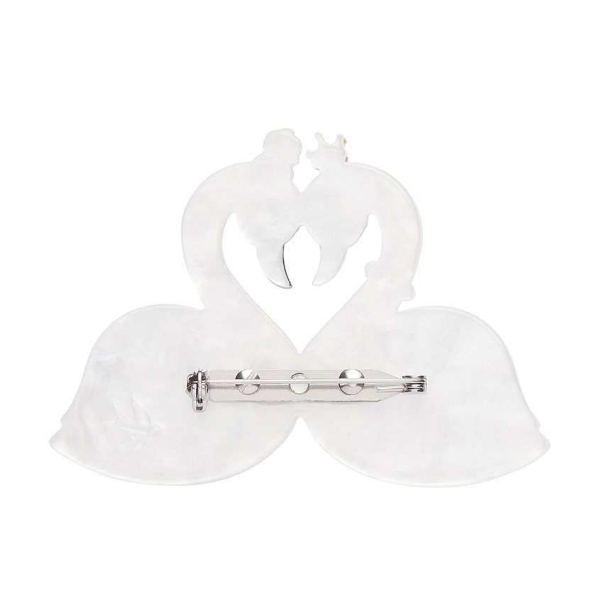 A romantic Swan Love Brooch featuring white and blue textured resin, heart-shaped swans, and crown accents. Part of Erstwilder's London Calling collection, perfect for brooch collectors in Hong Kong.