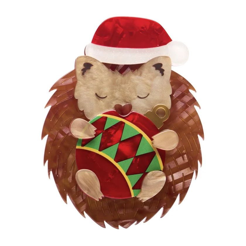 Erstwilder Hannah the Hedgehog Christmas brooch curled with festive bauble and Santa hat. Limited batch, exclusive in Hong Kong at Goosebump.