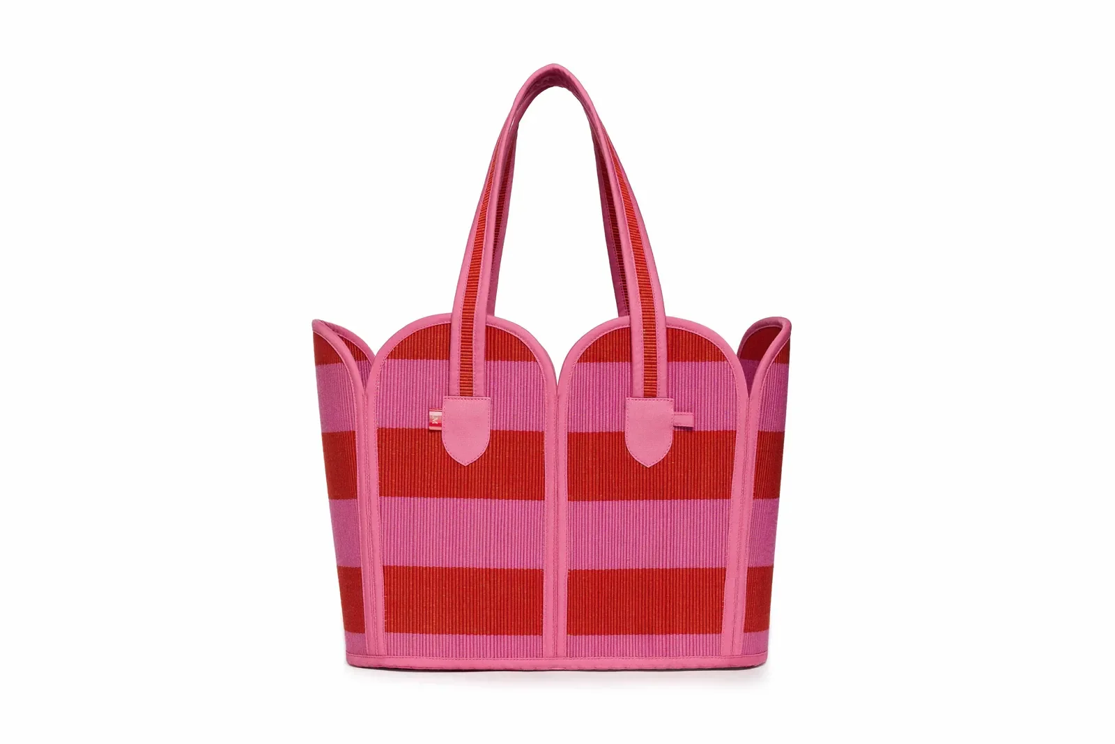 Lorna Murray Berry Bomb Vacation Tote front view in handwoven natural grass fibres with cherry red and hot pink woven stripes.