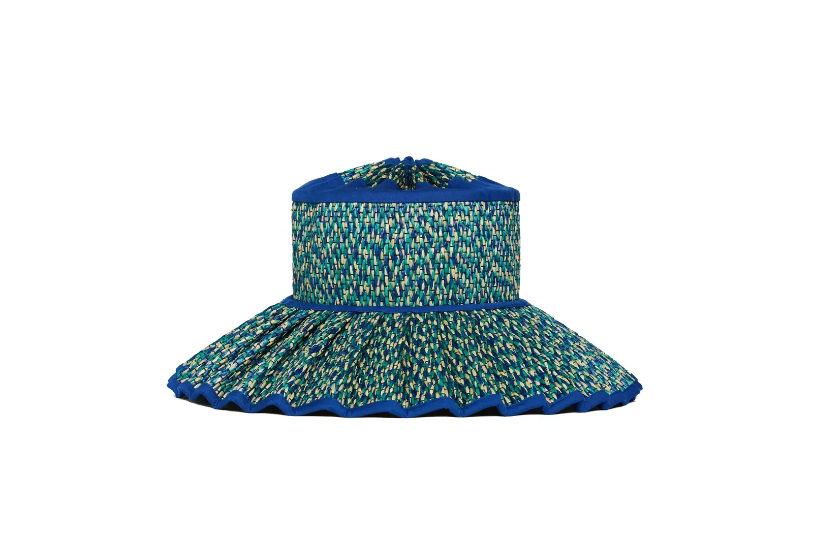 Lorna Murray Skyline Island Capri Hat front view in handwoven natural grass fibres with a wide brim and elegant ties.