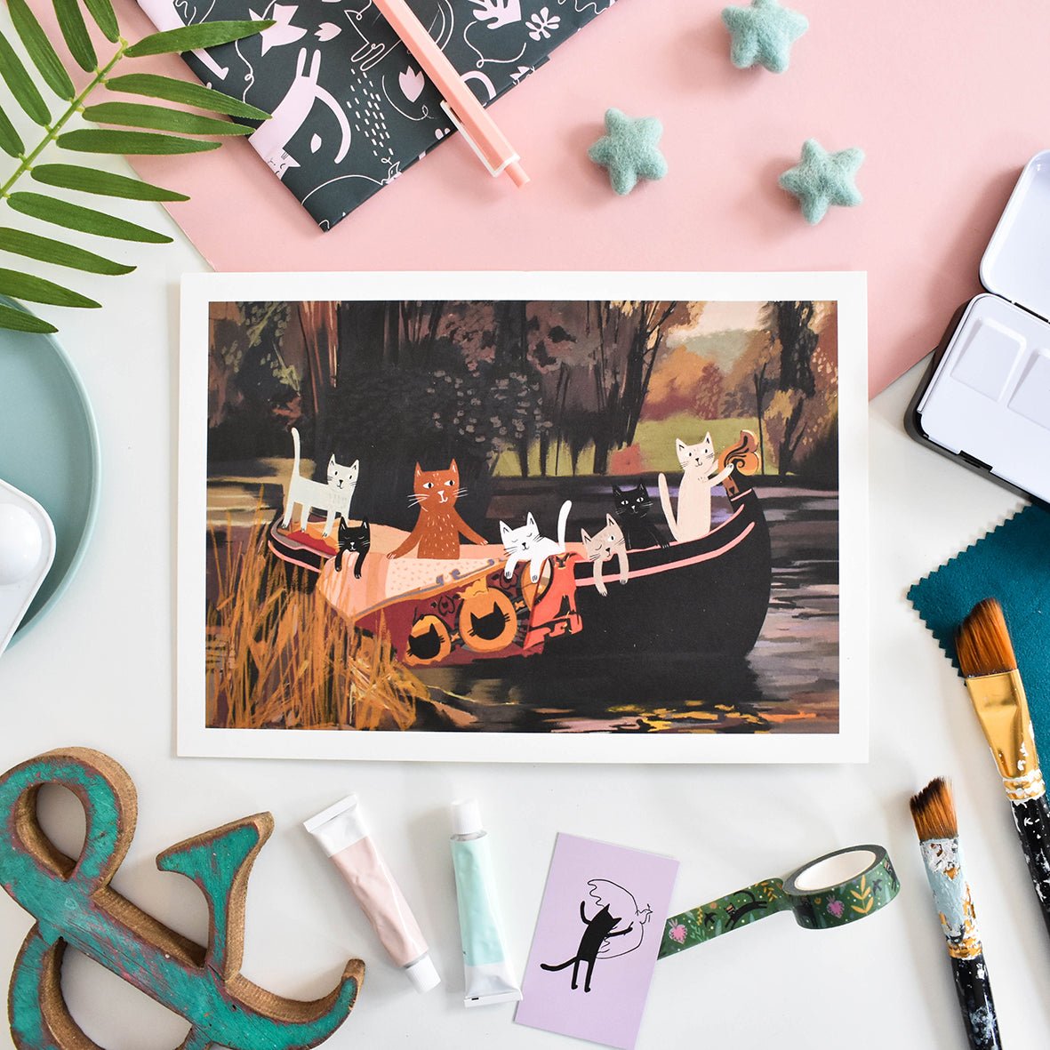 The Cats of Shalott Art Print A4 by NIASKI, Waterhouse inspired cat wall art print for poetic home decor and art lover gifts at Goosebump Hong Kong
