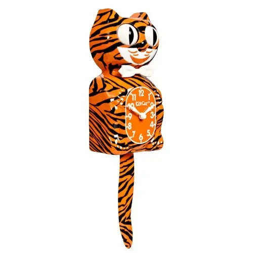 Kit-Cat Klock Bengal Tiger orange wall clock with black tiger stripes, rolling eyes and wagging tail