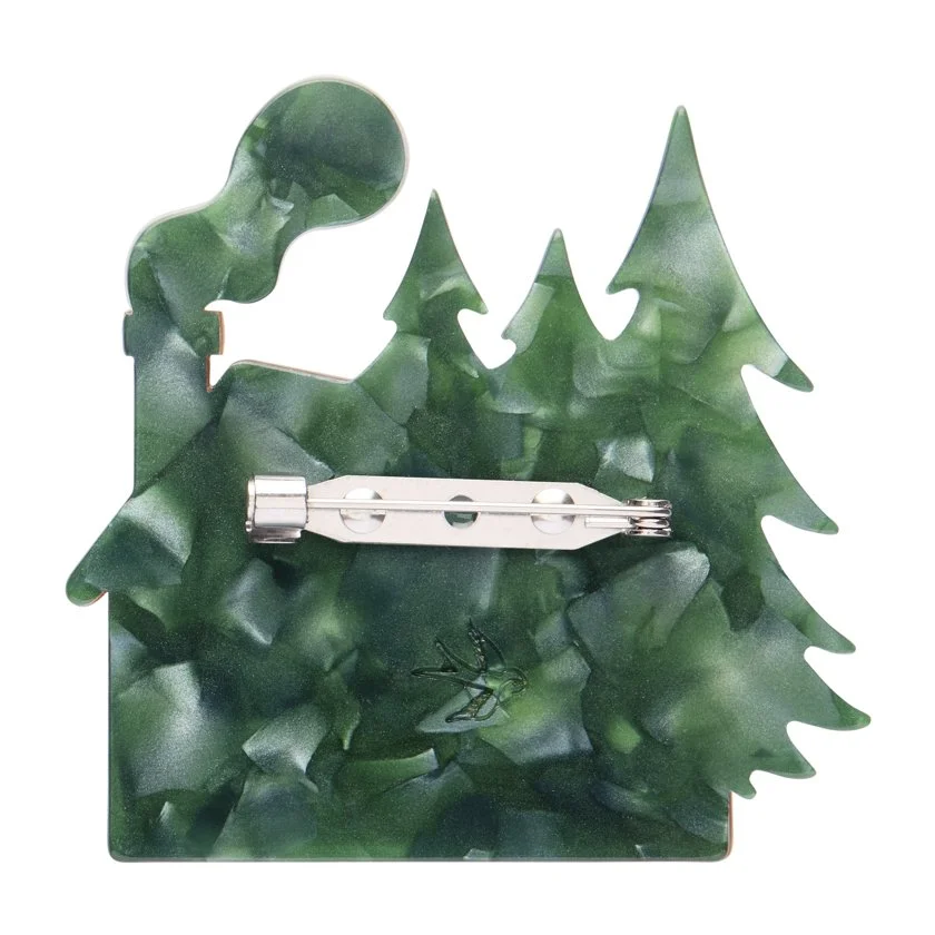 Erstwilder The Sweetest Cabin Christmas brooch shaped like a gingerbread cottage with snowy pines. Limited edition, exclusive in Hong Kong at Goosebump.