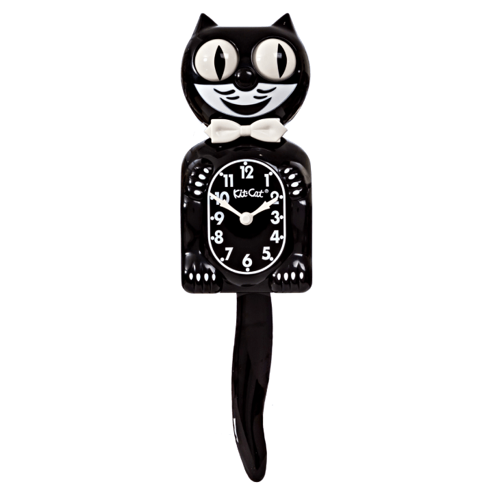 Classic Black Kit-Cat Klock retro wall clock with white bow tie, moving eyes and wagging tail, available at Goosebump Hong Kong.