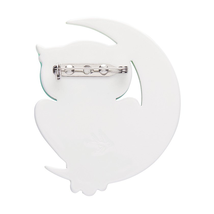 A Moon with a View Owl Brooch featuring a wise owl perched on a crescent moon, hand-assembled from textured resins, available at Goosebump.live in Hong Kong.