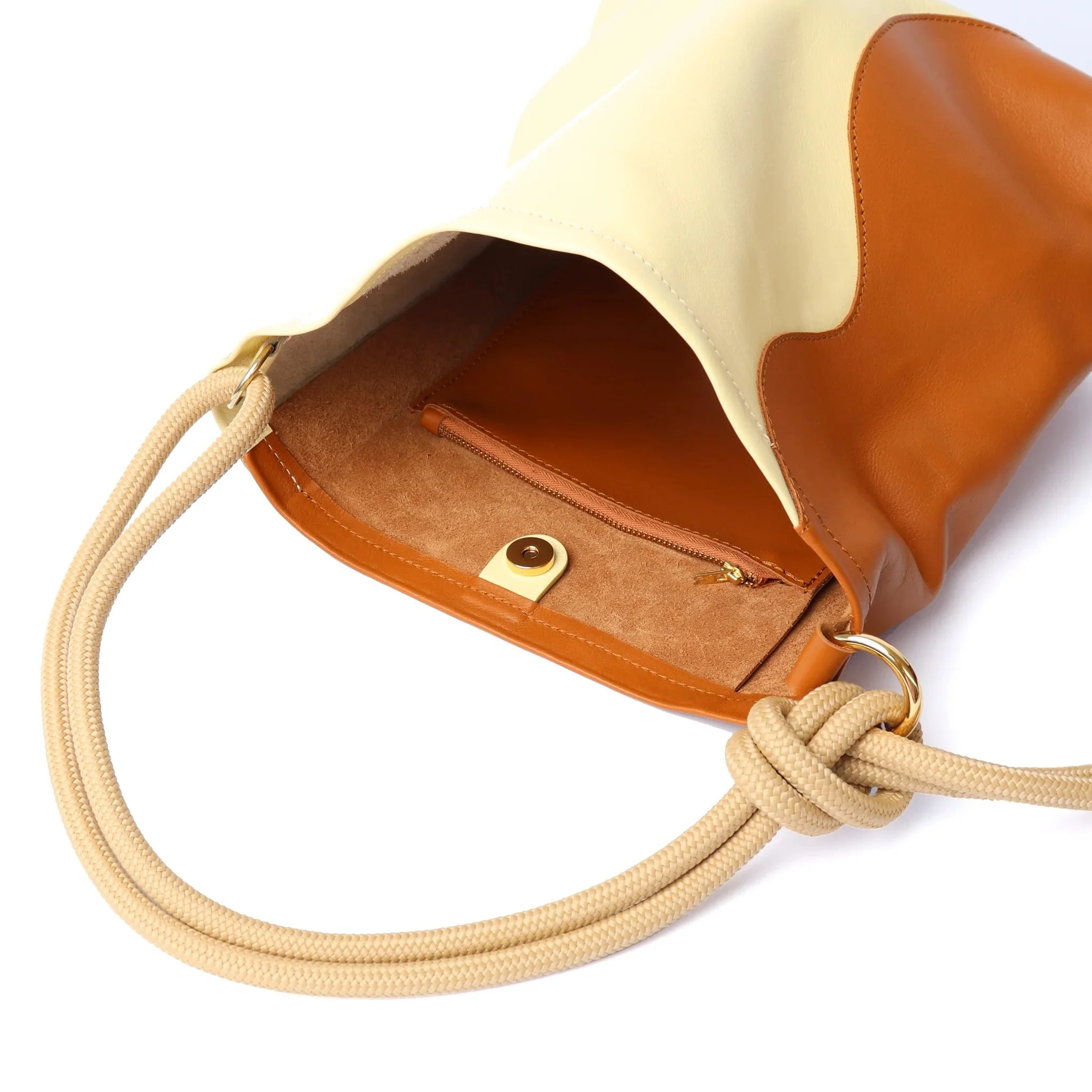 Tan and butter ripple canvas tote bag by Project Dyad, handmade with sculptural folds and cotton straps.