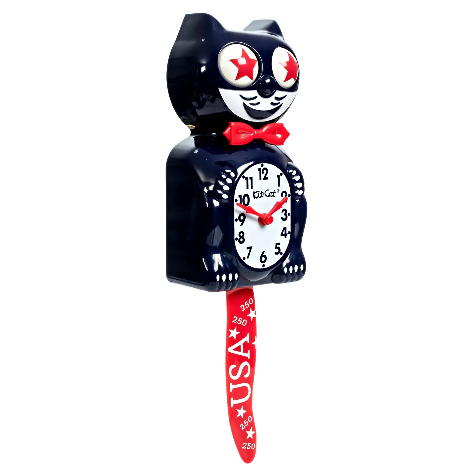 Kit-Cat Klock Old Glory Special Edition blue wall clock with red star eyes, red hands and commemorative red tail
