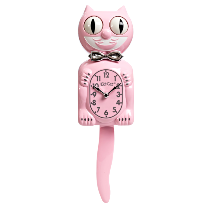 Retro Pink Kitchen Edition Kit-Cat Klock in soft pink with chrome bow tie, silver numbers, moving eyes and wagging tail, available at Goosebump Hong Kong.