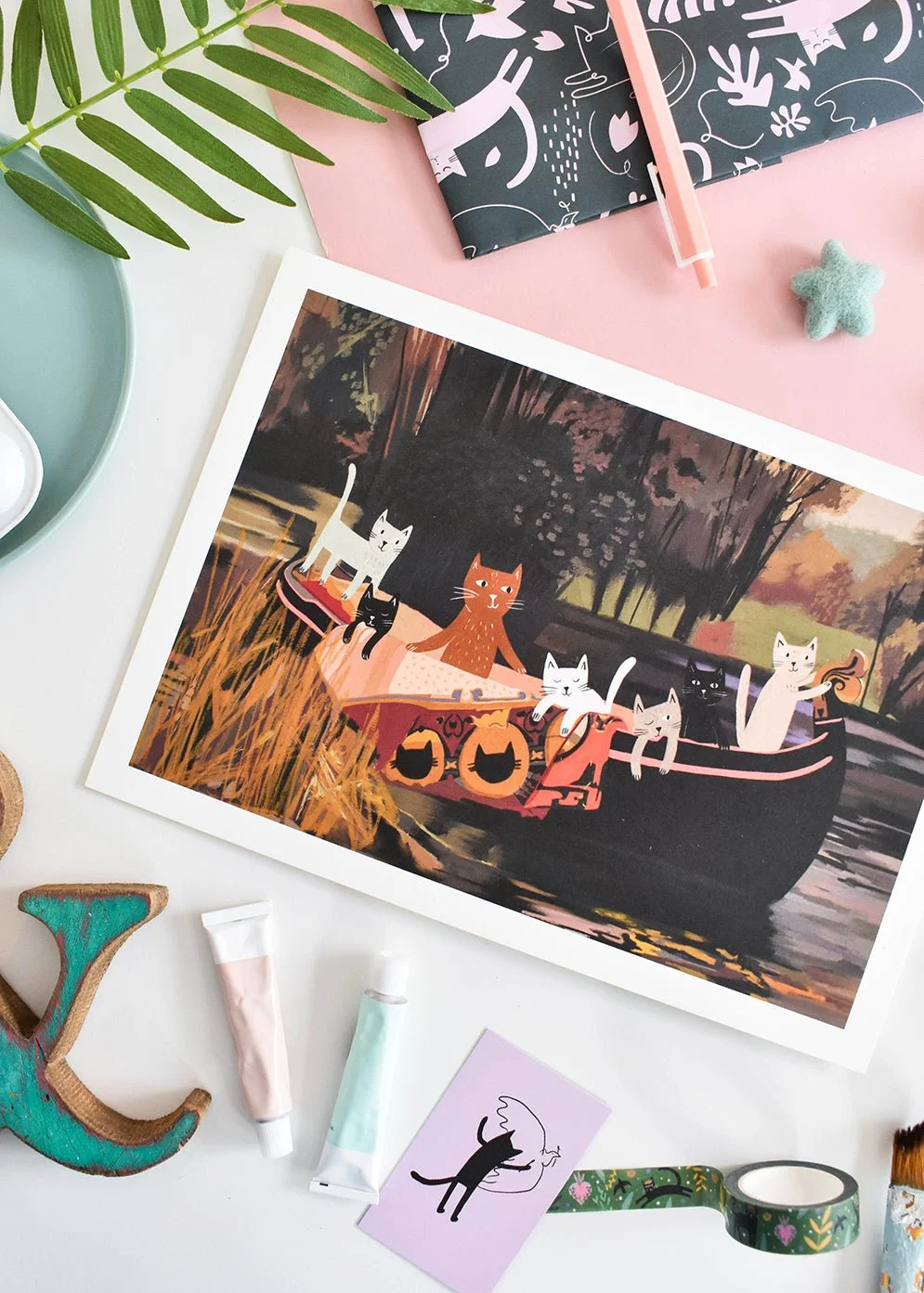 The Cats of Shalott Art Print A4 by NIASKI, Waterhouse inspired cat wall art print for poetic home decor and art lover gifts at Goosebump Hong Kong
