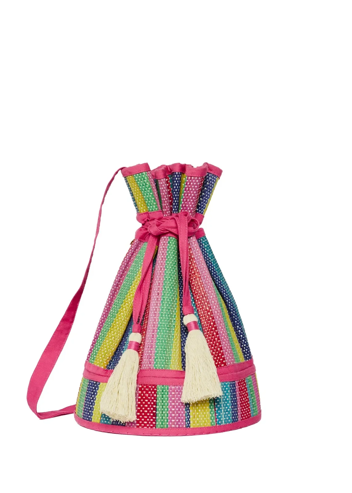 Angled back view of the Lorna Murray Resort Party Fuchsia Midi Leisure Tote featuring handcrafted natural grass fibre weaving and drawstring closure.