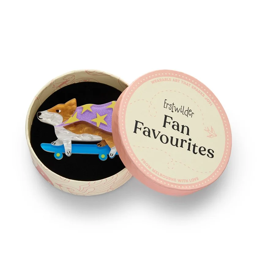 Erstwilder Clarke the Crusading Corgi Brooch featuring a layered corgi dog design with a playful, characterful look.