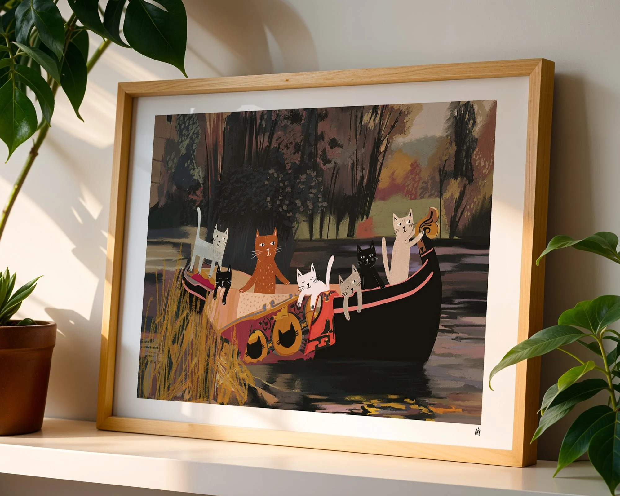 The Cats of Shalott Art Print A4 by NIASKI, Waterhouse inspired cat wall art print for poetic home decor and art lover gifts at Goosebump Hong Kong