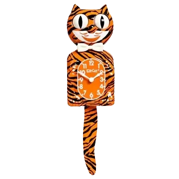 Kit-Cat Klock Bengal Tiger orange wall clock with black tiger stripes, rolling eyes and wagging tail
