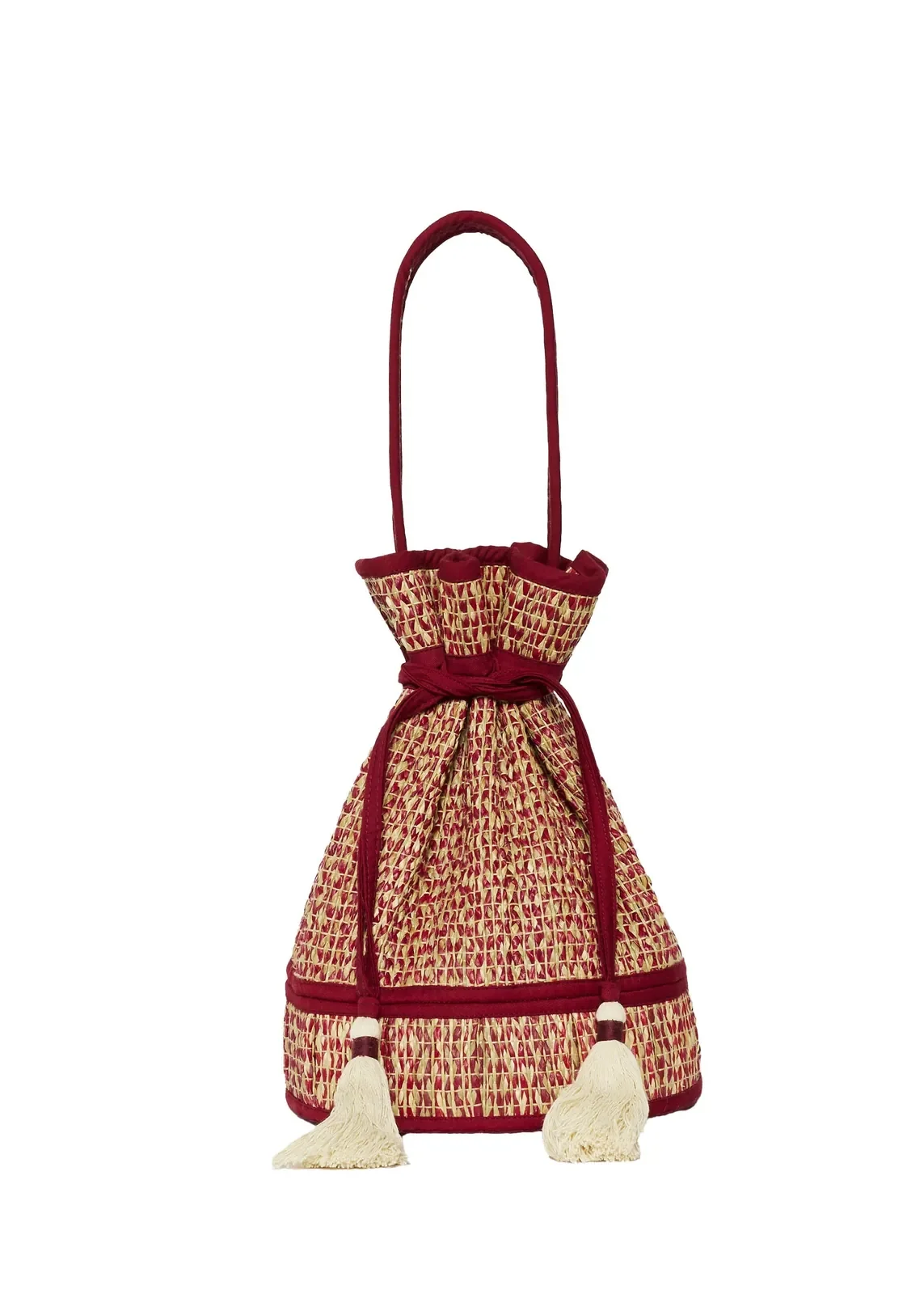 Lorna Murray Bouquet Midi Leisure Tote front view in handwoven natural grass fibres with a drawstring closure.