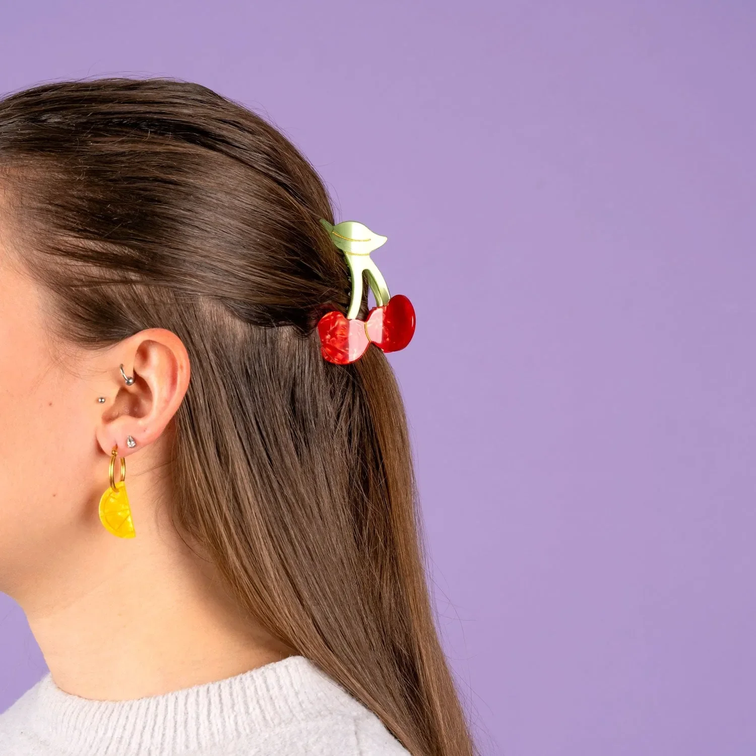 Coucou Suzette Cherry Hair Claw in glossy cellulose acetate, a playful French fruit-inspired hair accessory curated by Goosebump.