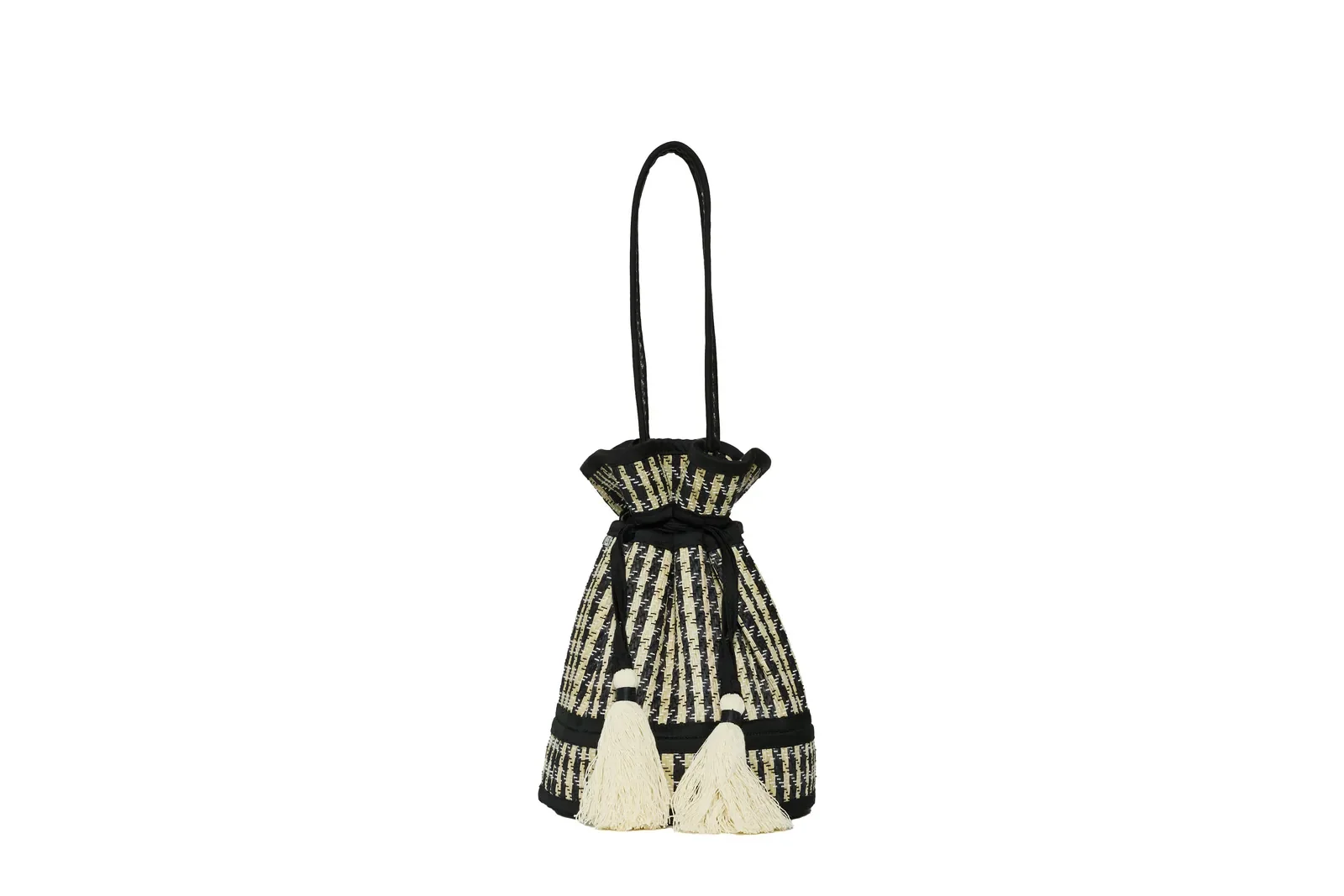 Lorna Murray Roma Island Mini Leisure Tote front view in handwoven natural grass fibres with a drawstring closure and detachable woven handle.