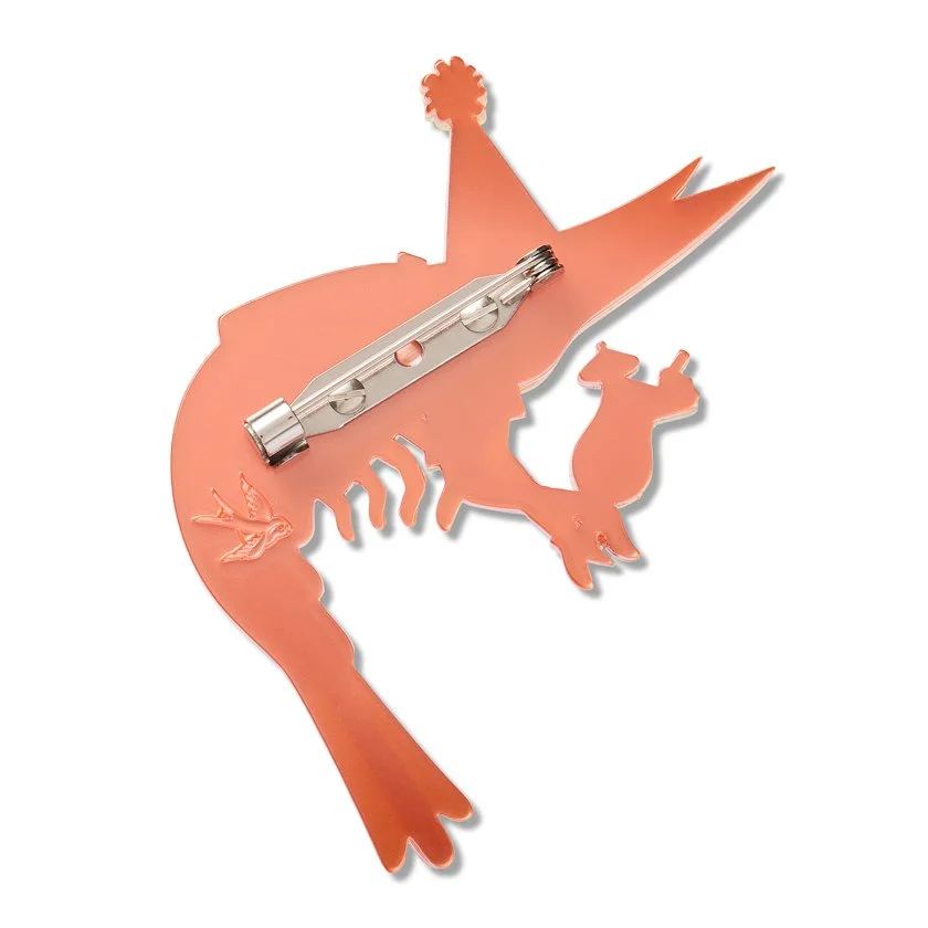 Erstwilder Pascal the Party Prawn Brooch featuring Pascal dressed for a party with a colourful hat and drink