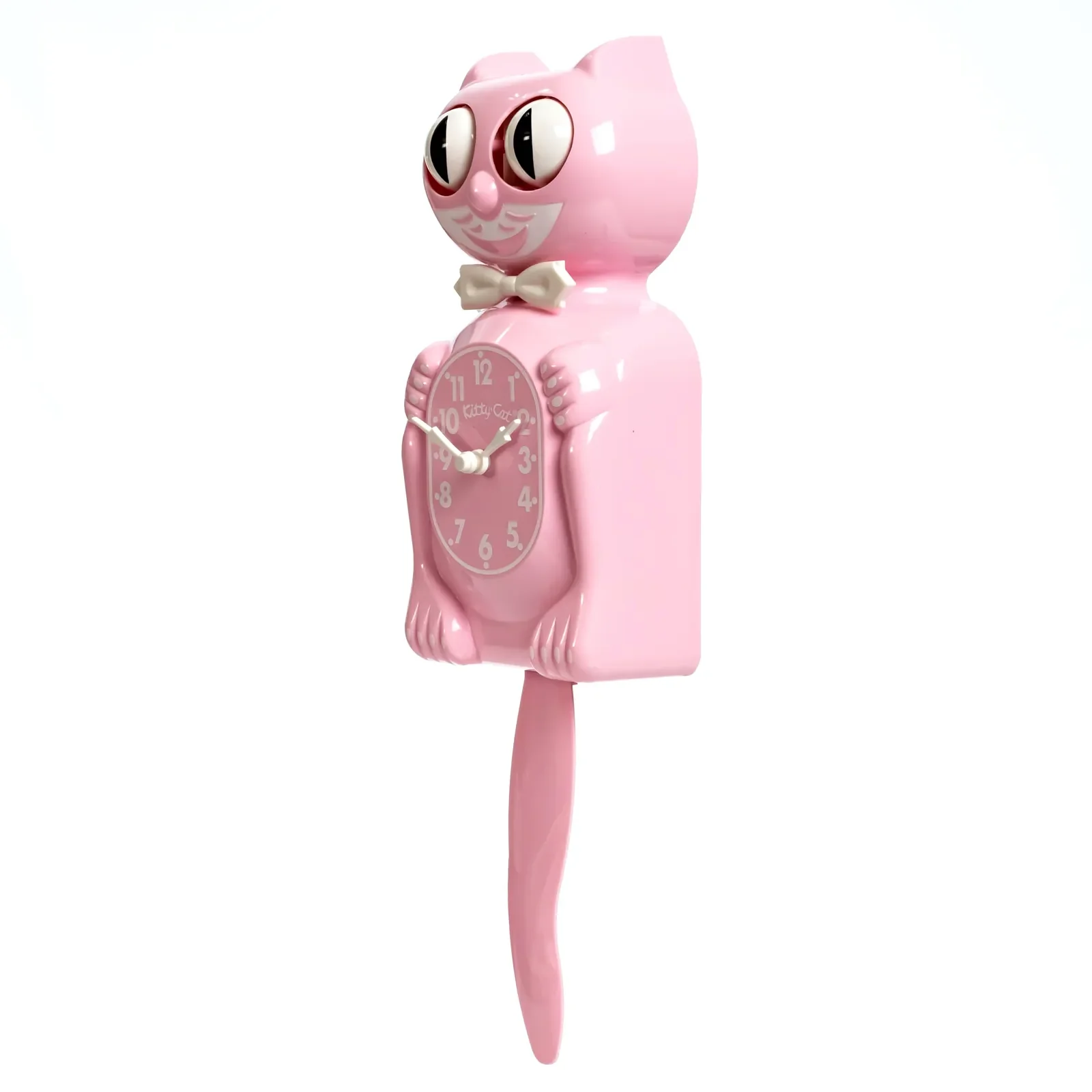 Bubblegum Pink Kitty-Cat Klock 12.75-inch pink wall clock with white bow tie, moving eyes and wagging tail