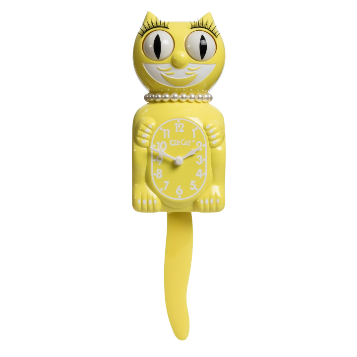 Spring Daffodil Yellow Kit-Cat Klock in bright yellow with moving eyes and wagging tail, available at Goosebump Hong Kong.
