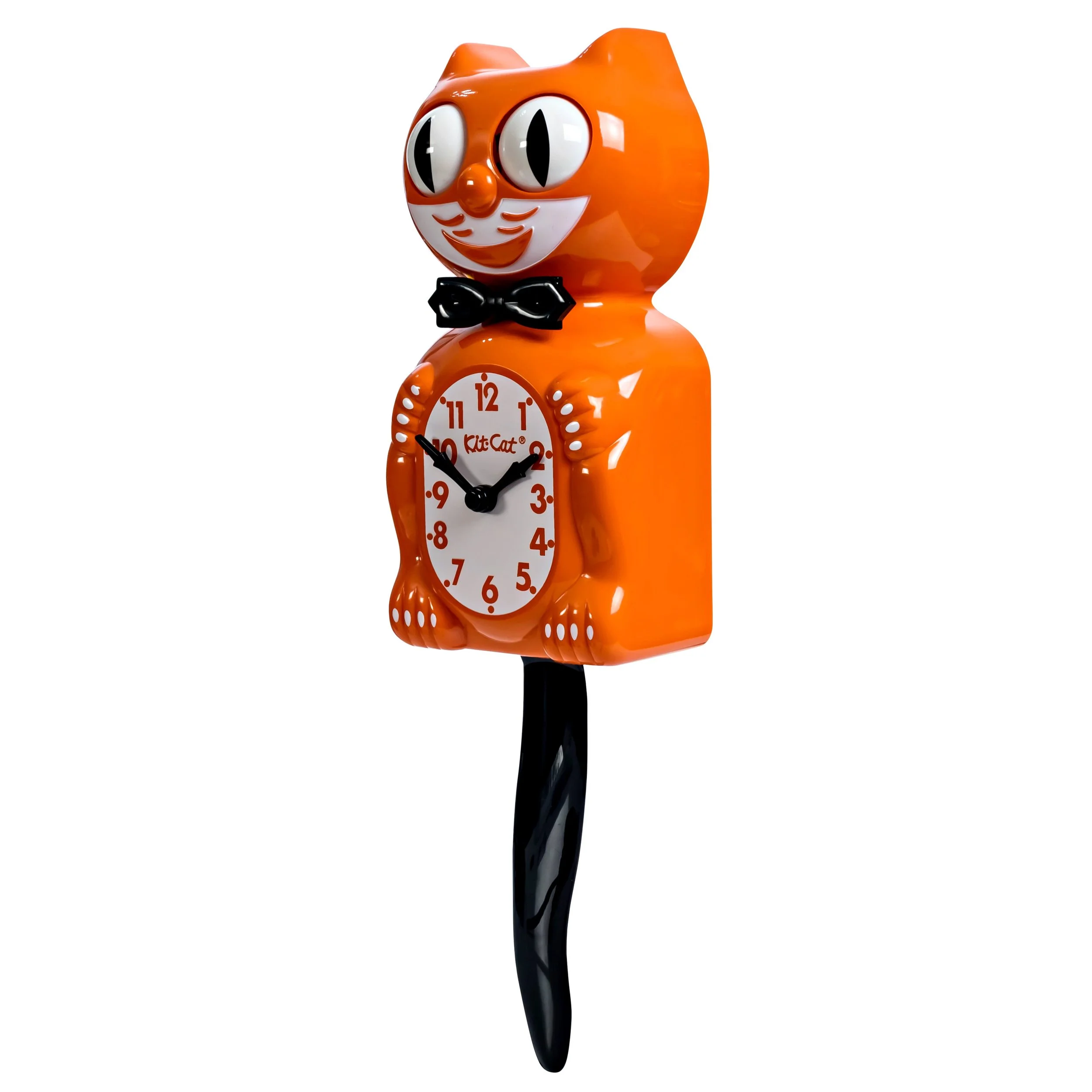 Orange Harvest Kit-Cat Klock in glossy orange with black bow tie, moving eyes and wagging tail, available at Goosebump Hong Kong.
