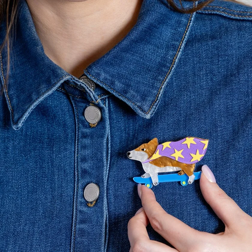 Erstwilder Clarke the Crusading Corgi Brooch featuring a layered corgi dog design with a playful, characterful look.