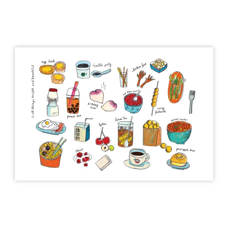 Hong Kong food illustrated postcard by All Things Bright And Beautiful